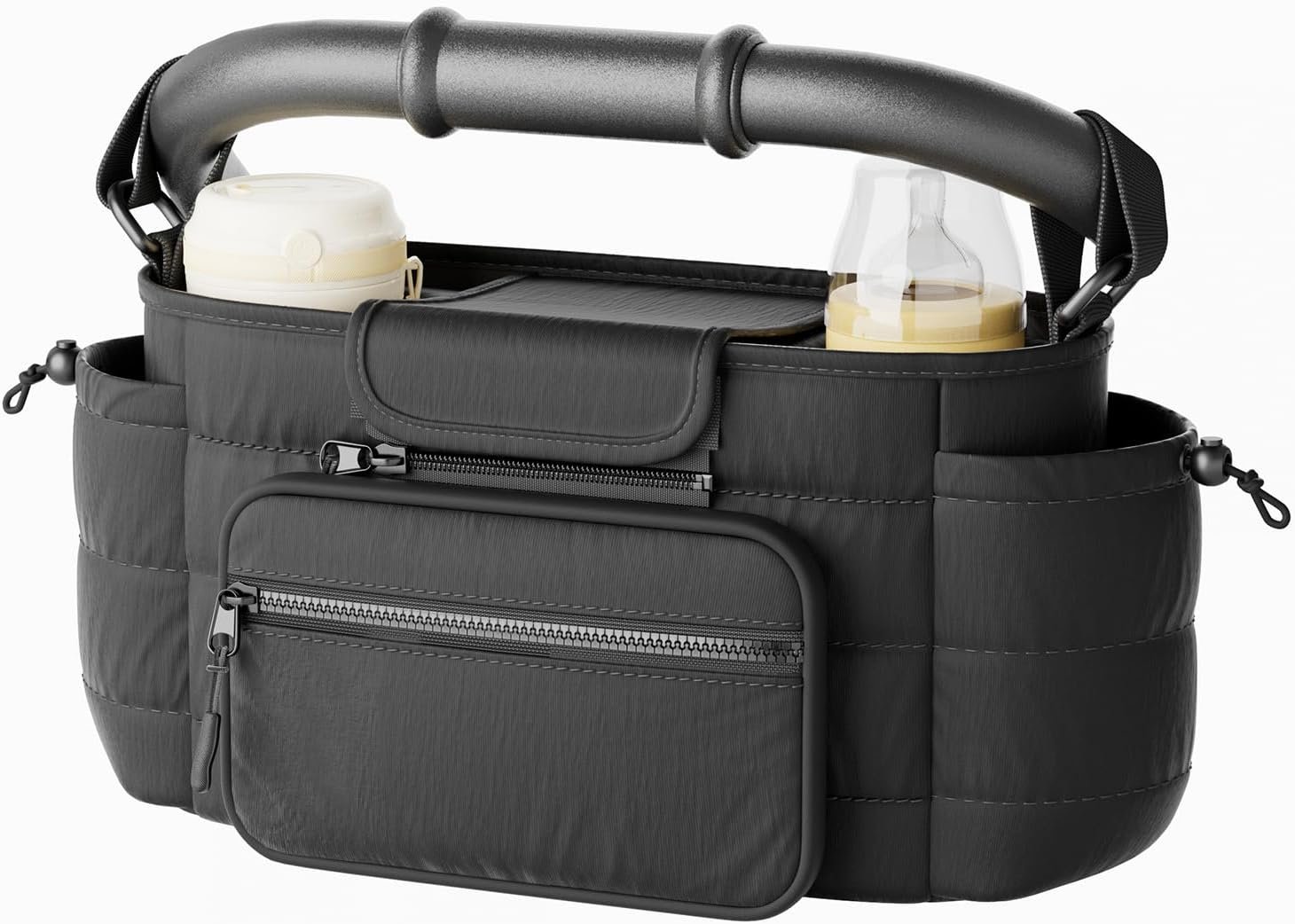 Stroller Organizer Caddy with Insulated Cup Holder & Detachable Phone Purse, Lightweight Universal Stroller Caddy for Busy Moms – Black