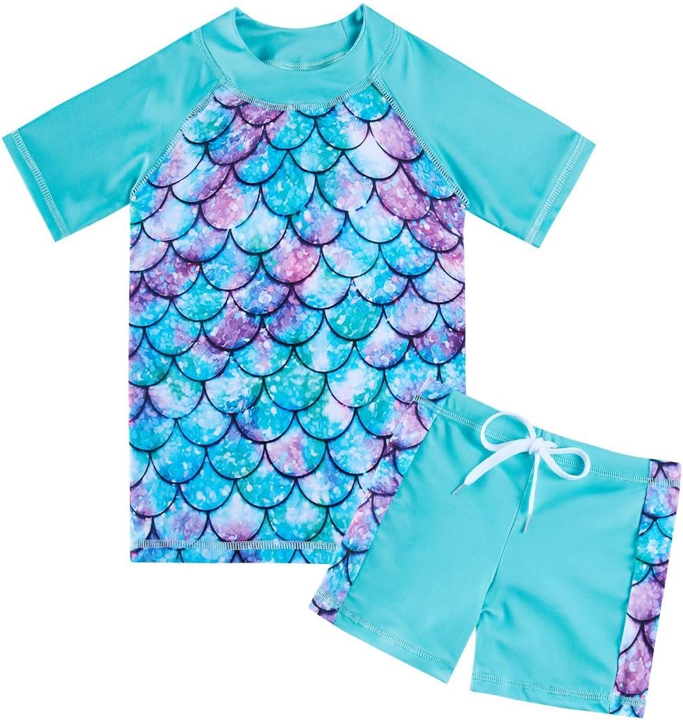 Lovekider Girls Swimsuits Two Piece Rash Guard Set Short Sleeve Bathing Suit Liner Swimwear with Sun Protection 3-12T
