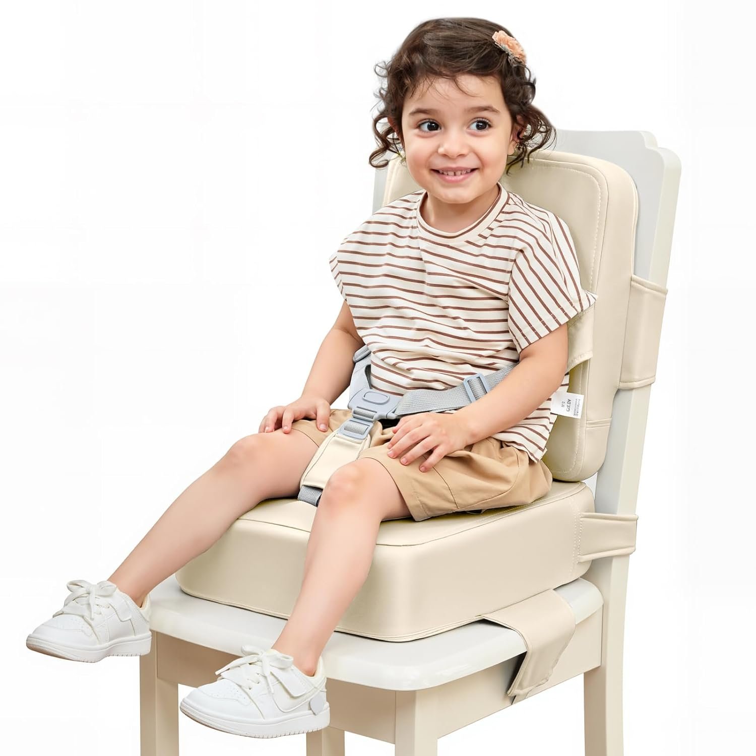 HOMEAL Toddler Booster Seat for Dining Table – Toddler Dining Cushion with Wipeable Surface -Booster Seat for Kitchen Chair with Easy-Install Straps – Breathable Fabric – Beige