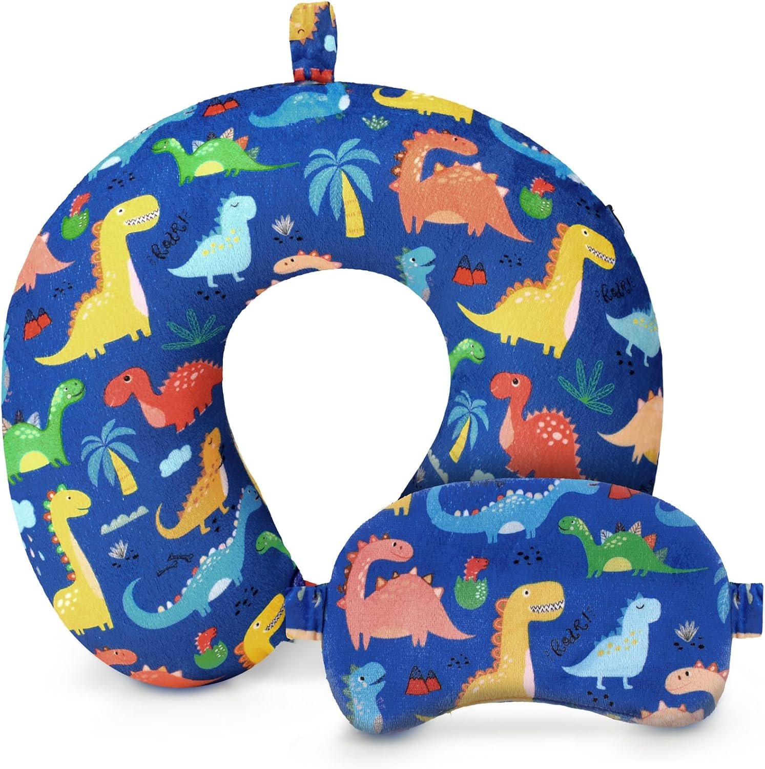 Gilprop 2 Pcs Dinosaur Travel Pillow with Sleep Eye Mask, U Shaped Memory Foam Headrest & Neck Pillow with Washable Cover, Soft Neck Head Support Travel Accessories for Airplane Car Train Bus Trips