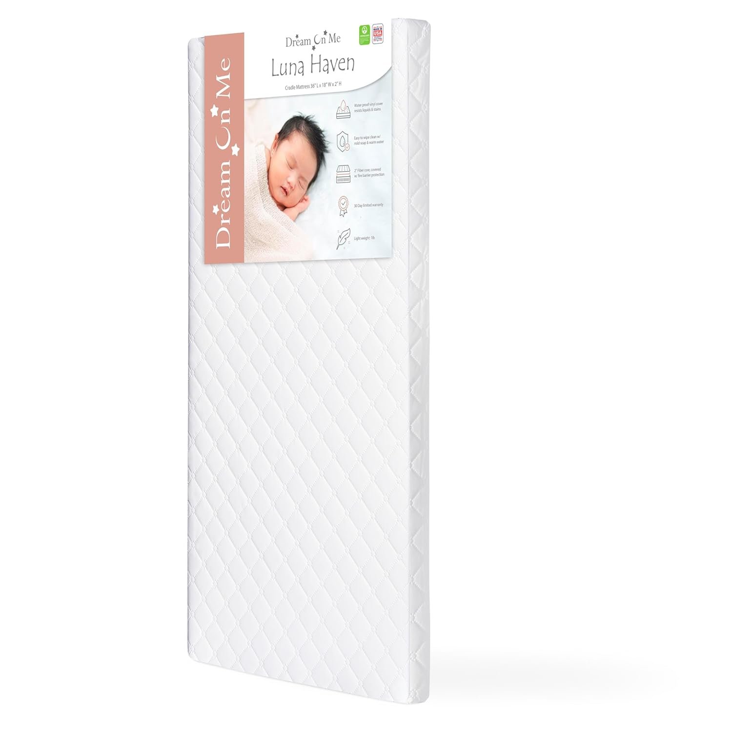 Dream On Me Luna Haven 2″ Cradle Mattress – Lightweight Firm Polyester Fiber Core, Waterproof & Easy-Clean, Stain & Odor Resistant, Greenguard Gold and BSA Certified (36″ L x 18″ W x 2″ H)