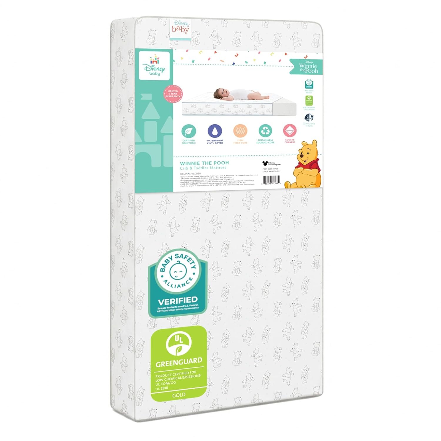 Delta Children – Disney Winnie the Pooh Crib & Toddler Mattress – Dual-Sided – Waterproof – GREENGUARD Gold Certified – Non-Toxic – Lightweight – Made in USA – Sustainable Fiber Core – 52″L x 27.5″W