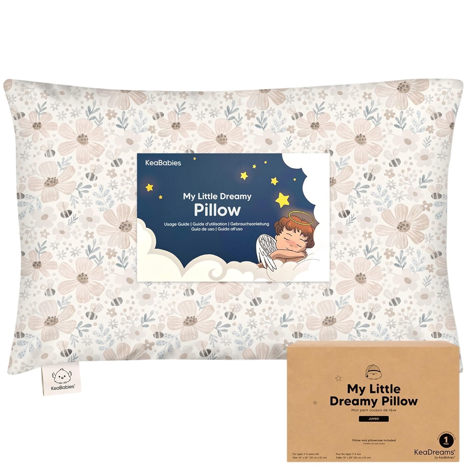 KeaBabies Toddler Pillow with Pillowcase, Jumbo 14X20 – Soft Organic Cotton Toddler Pillows for Sleeping – Machine Washable – Perfect for Travel, Toddler Bed Set (Flora Vale)