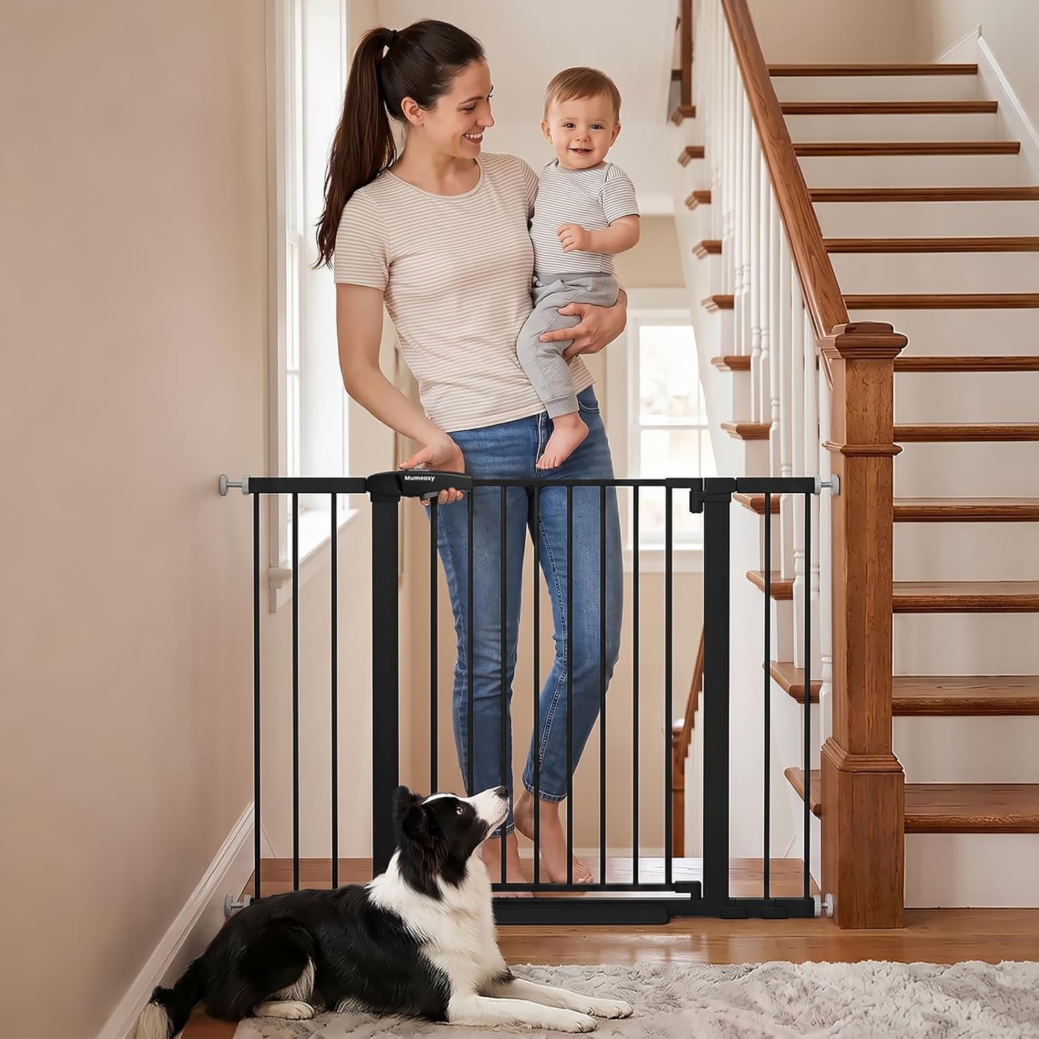 Mumeasy 29.6-46″ Baby Gate for Stairs, Pressure Mounted Dog Gate for Doorways, Auto Close Pet Gate for Indoor Use, Extra Wide Child Gate with Walk Thru Door Black, Mom’s Choice Awards Winner
