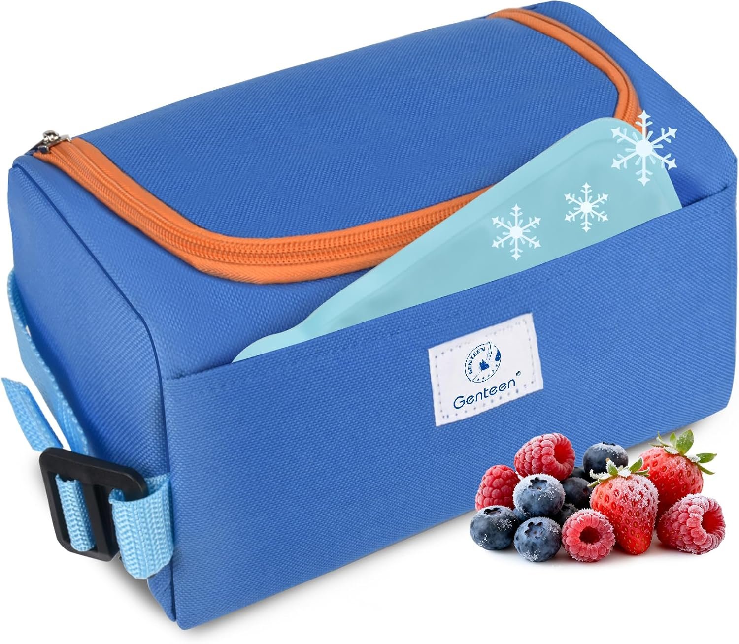 Genteen Small Cooler Bag with Ice Packs,Freezable Lunch Bag Snack Bag,Small Insulated Bag Reusable Lunch Bag Kids with Zip Closure & Buckle Handle for Travel/School/Work,Blue