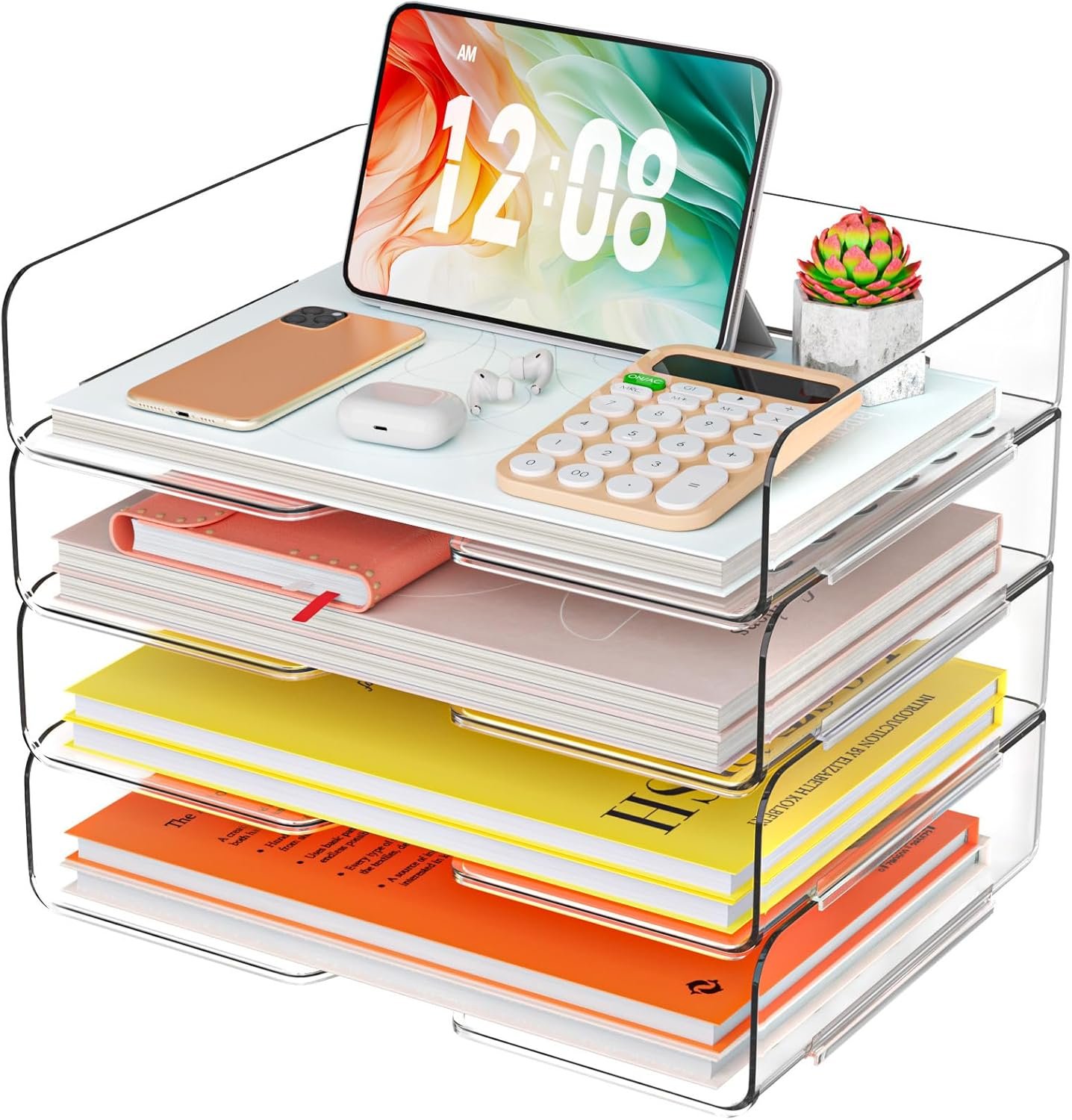 YKLSLH 4 Trays Paper Organizer Letter Tray – Acrylic Desk File Organizer, Stackable Clear Paper Holder Sorter Office Organizer for Letter/A4, Office File Ipad Books Notes Etc