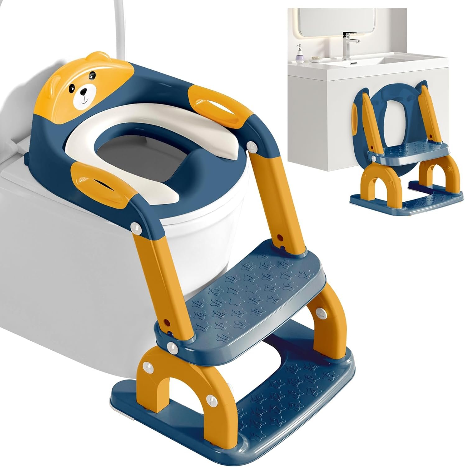 Potty Training Seat with Step Stool for Toddlers – Upgrade 2-in-1 Toilet Seat Toilet Ladder for Kids Children Boys Girls, Anti-Slip Pad & Adjustable Height with Waterproof – Dark Blue
