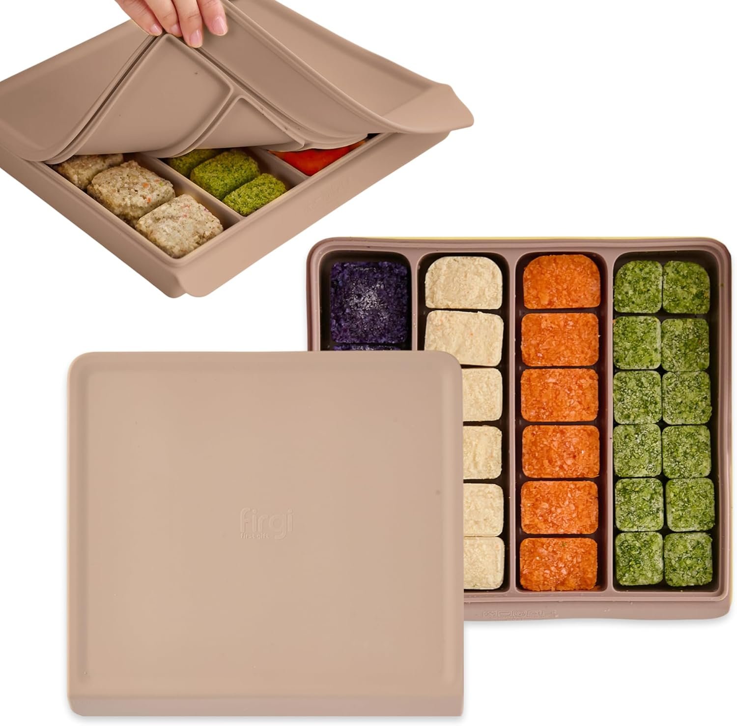Silicone Baby Food Freezer Tray with Lid Korea – 26oz Stackable Meal Prep Containers for Baby Puree, Homemade Food & Snacks – 4 Compartment Airtight, BPA Free, Microwave Dishwasher Safe – Brown