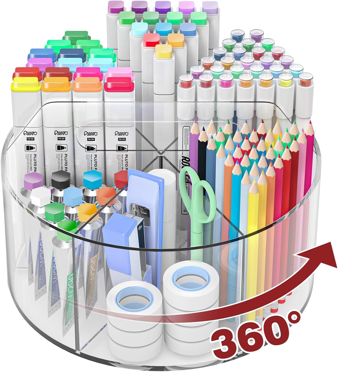 Absonic 250pcs Acrylic Pencil Holder Marker Organizer, 360-Degree Rotating Pen Holder, Crayon Organizers for Kids Pencil Organizer Caddy Art Supply Lazy Susan Organizer for Desk Home School Office