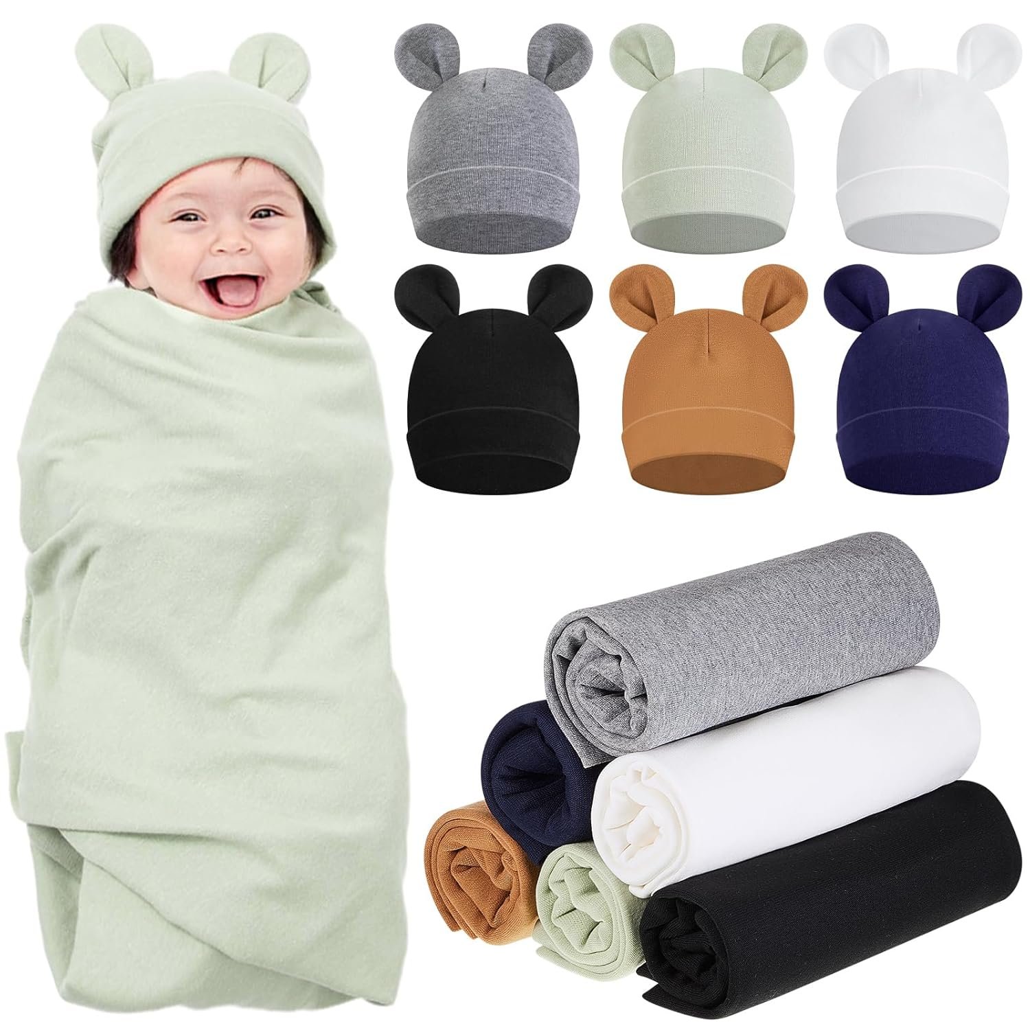 Ramede 6 Set Baby Swaddle Blanket and Hat, 100% Cotton Newborn Receiving Blanket Wrap with Headband, 31.5″ Soft, Breathable for Girl Boy Nursery Sleep Cradle Sheet Breastfeed Cover(Simple,Multicolor)
