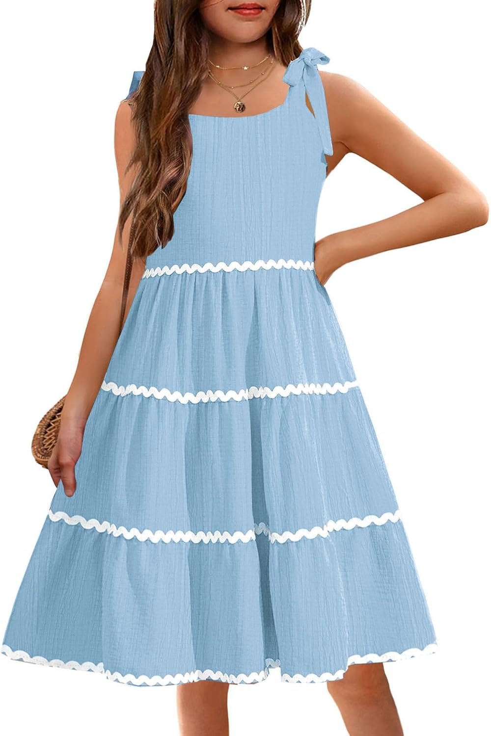 Arshiner Girls Summer Sleeveless Bow-Tie Straps Sundress Flowy Smocked Backless Tiered Lace Swing Midi Dress with Pockets