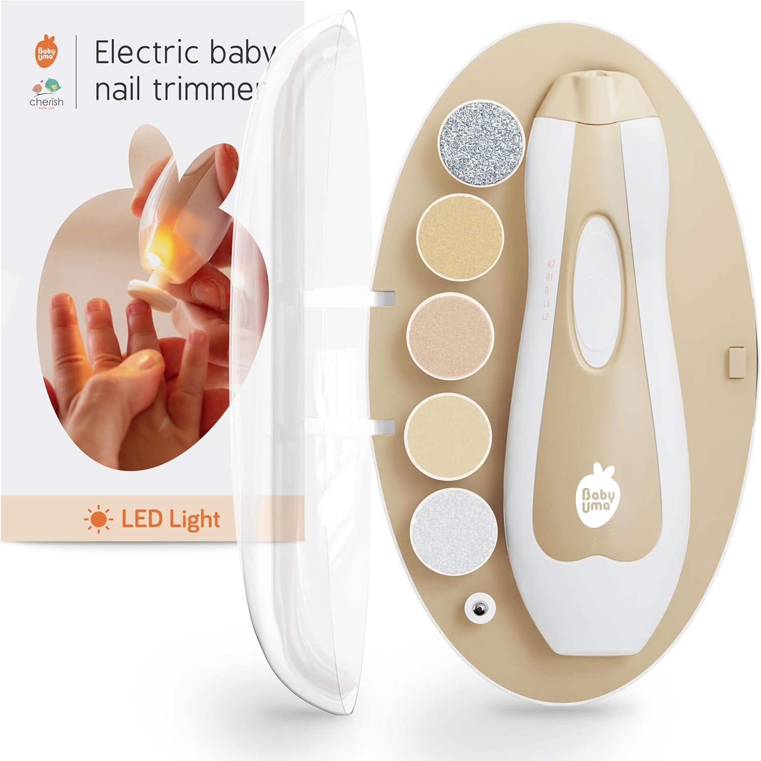 Baby Uma LED Baby Nail Trimmer Electric – Auto-Safety Stop Baby Nail Clippers, Bi-Directional Electric Baby Nail File with 2 Speeds & 6 Filing Discs, Newborn Essentials (+ Travel Case)
