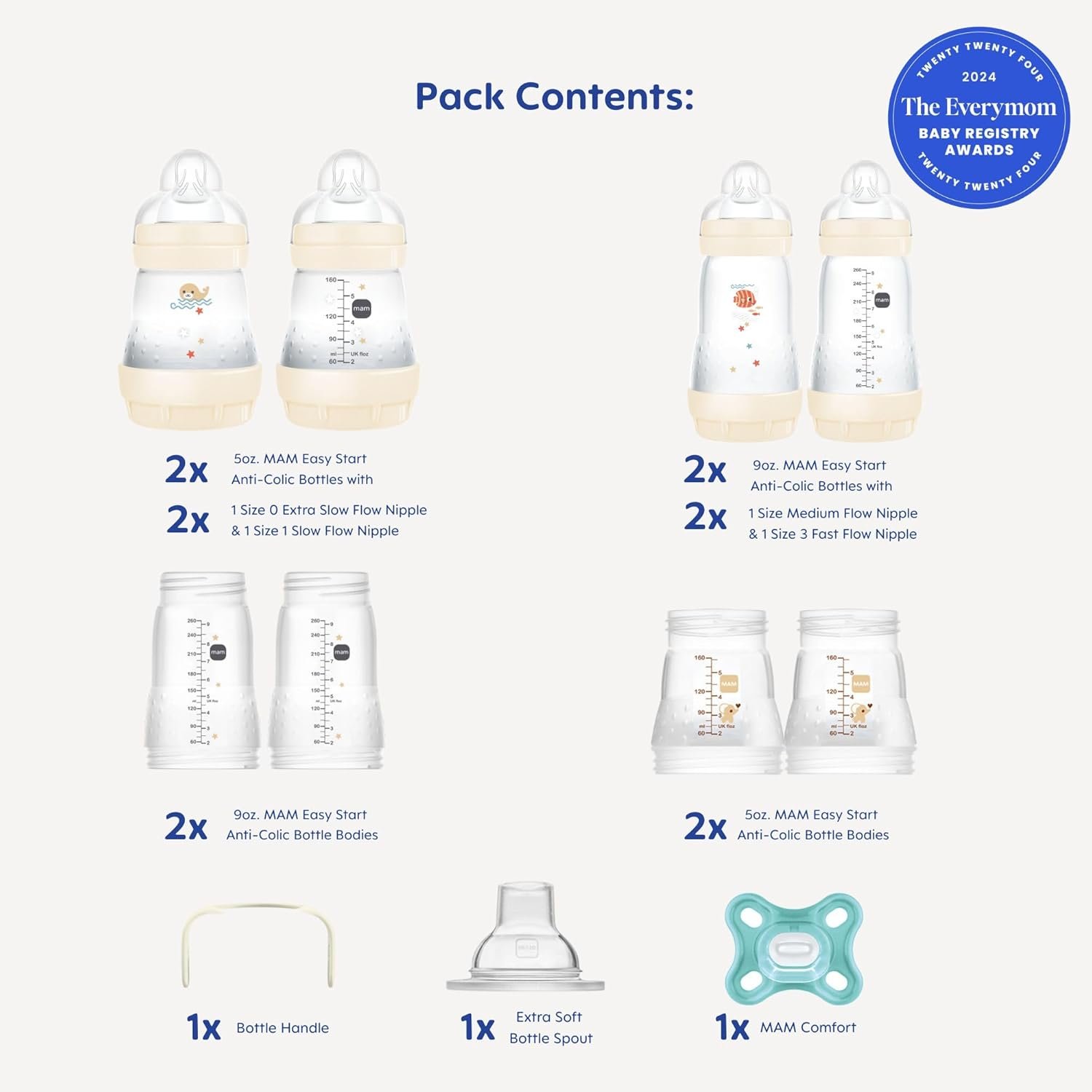 MAM Grow With Baby Anti-Colic Bottle Set – 4 Easy Start Bottles (5oz & 9oz) with Trainer Handles & Spout, Comfort Newborn Pacifier, Extra Bottle Bodies & Nipples | Self-Sterilizing Baby Feeding System