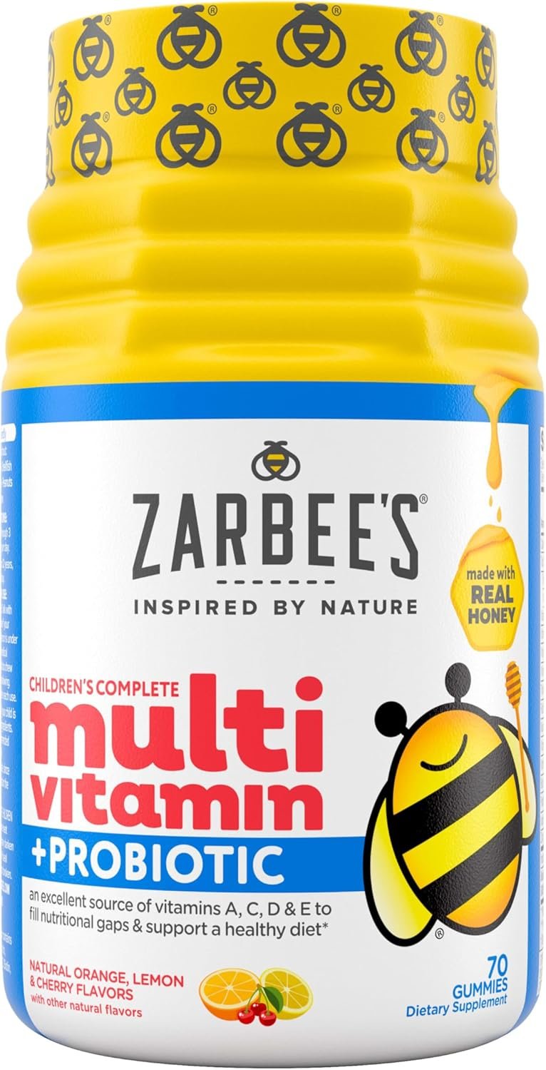 Zarbee’s Kid’s Complete Multivitamin + Probiotic Gummies with Vitamins A B C D E & zinc for Digestive Health Easy To Chew Kids Daily Multivitamin Gummies Natural Fruit 70 Count