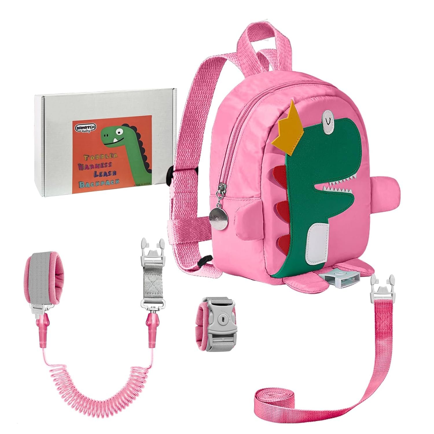 3 in 1 Toddler Harness Leash-Baby Walking Safty Harness + 8.2ft Anti Lost Wrist Link + Cute Dinosaur Backpack,Kids Walking Tether with Key Lock for Boy‘s Outdoor Activity Travel (Pink)