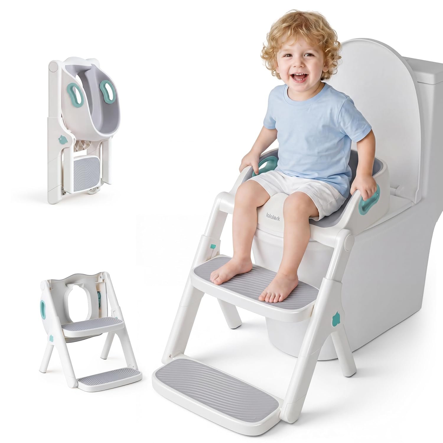lalalark Potty Training Seat, 2-in-1 Toddler Toilet Seat with Steps, Upgrade Potty Step Stool for Toddler with Anti-Slip Pad Step Stool, Extended Splash Guard, Foldable Potty Ladder Boys Girls, Green