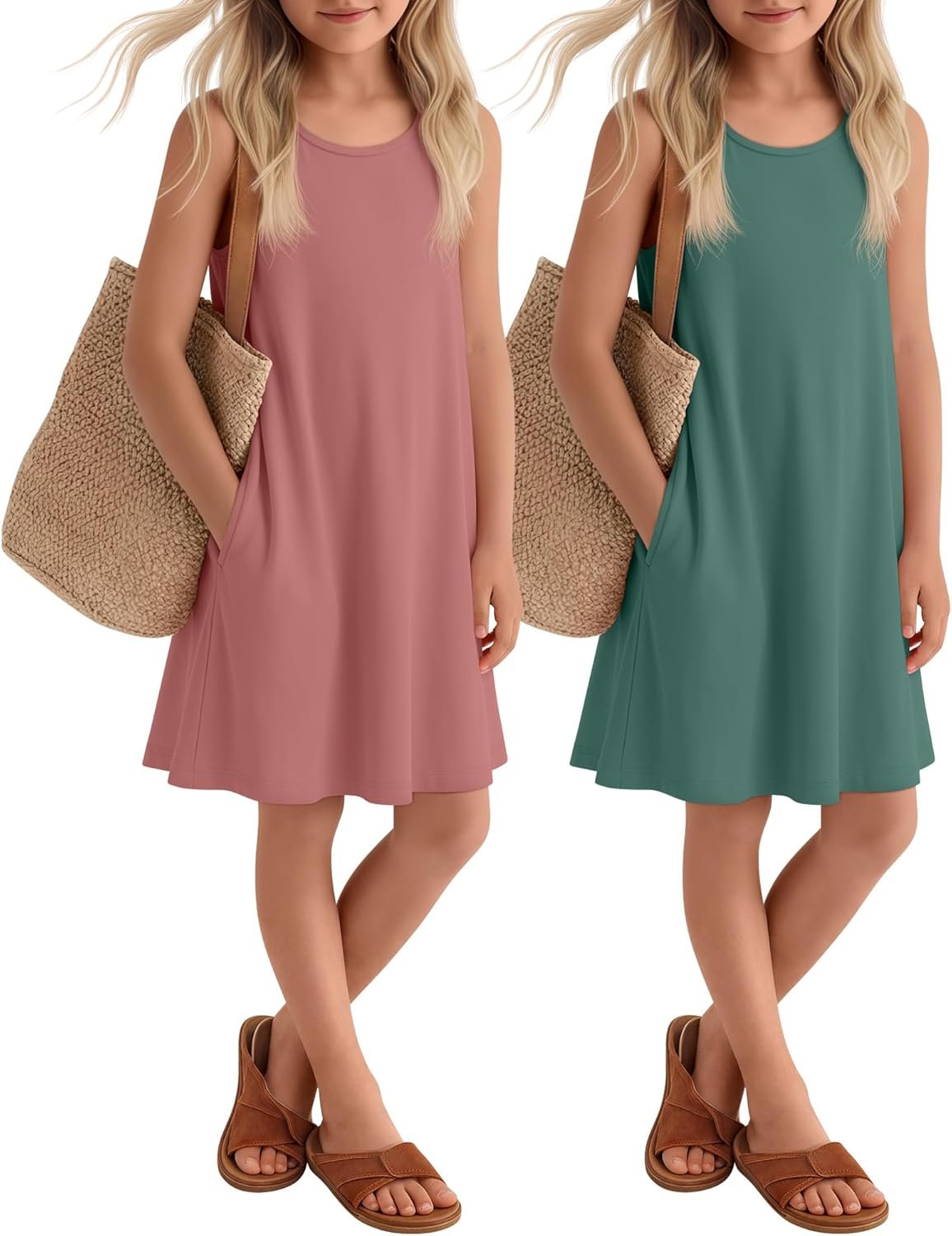 2 Pack Girls’ Summer Dresses Sleeveless Tank Dress Kids Casual Loose Crewneck Beach Sundress with Pockets 5-14 Years