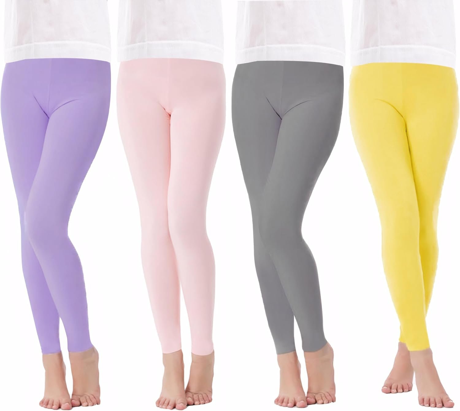 4-Pack Girls’ Full Length Footless Leggings, Soft Stretchy Tights Pants for Everyday Wear