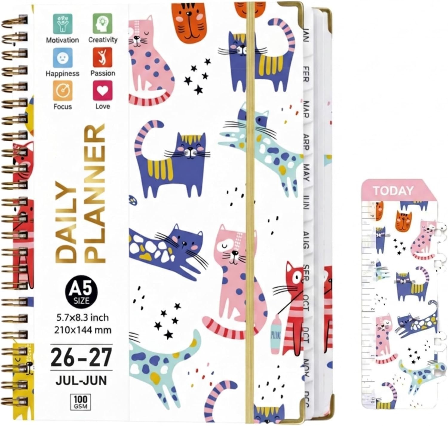 2026-2027 Academic Planner Weekly and Monthly, A5 Agenda July 26 – June 27 with 100GSM Thick Paper, Hardcover Notebook with Tabs,Elastic Closure & Inner Pocket,Cute Cat for Women,Teacher,Students