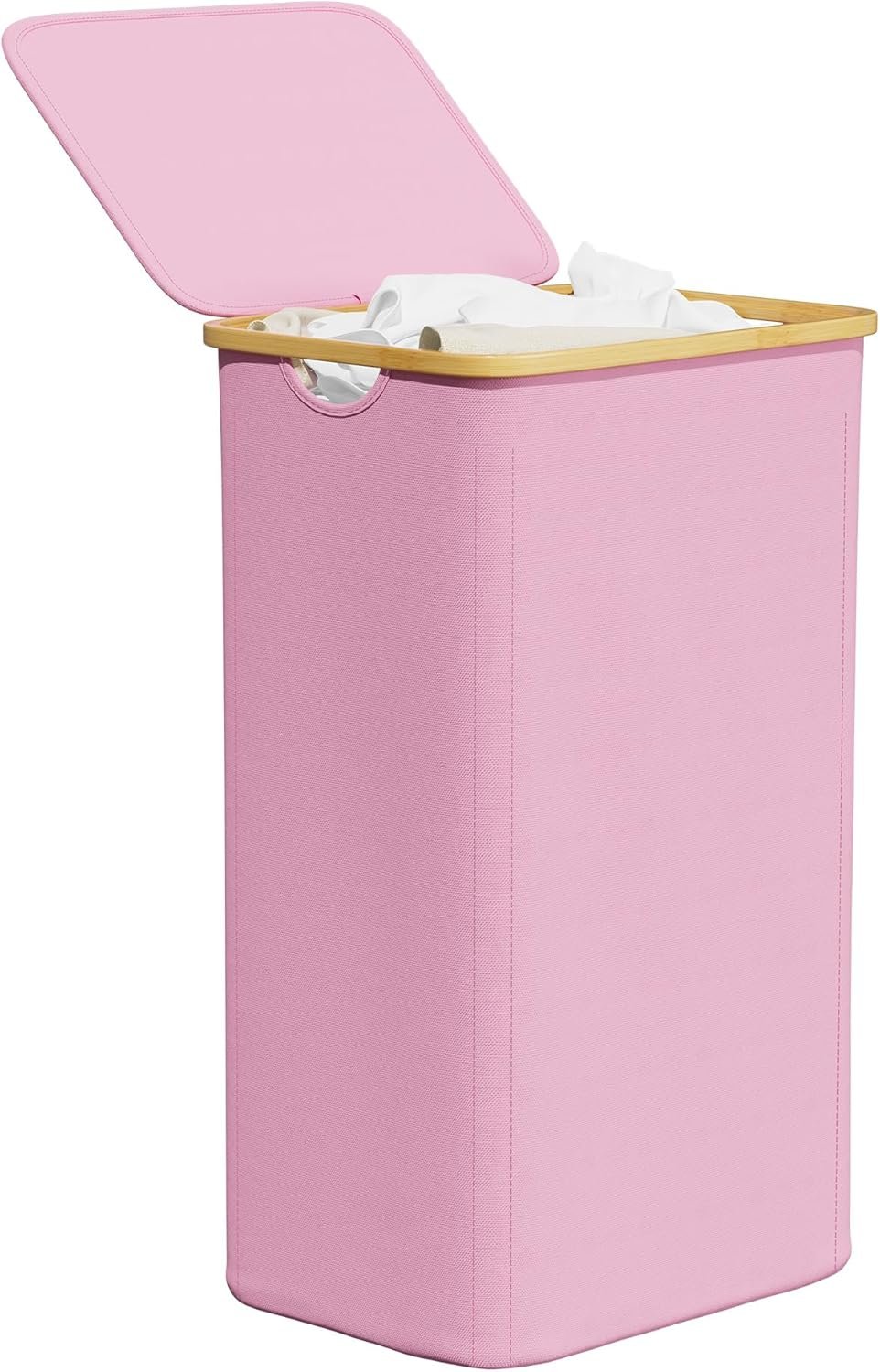 SpaceAid Laundry Hamper with Lid, 110L Large Tall Clothes Basket Bin with Bamboo Handles, Collapsible Laundry Hamper for Bedroom, Bathroom, Dorm, Laundry Room – Pink