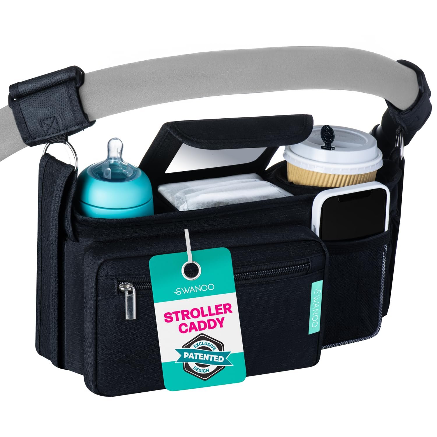 Swanoo Stroller Caddy Organizer With Cup Holder, Non Slip Straps Bag for Phone, Pet Stroller Accessories, Universal Fits Uppababby Vista v2 Wonderfold Wagon, Doona and More