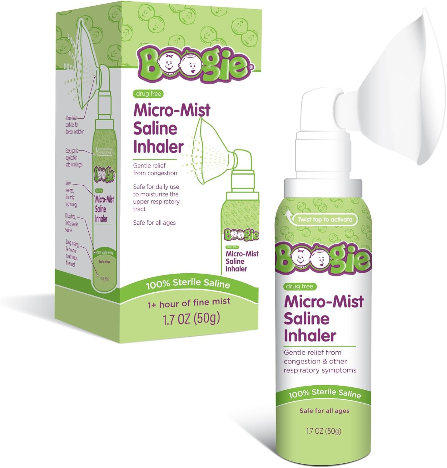 Boogie Micro-Mist Saline Inhaler, Baby Nose Congestion Relief, Nasal Spray for Kids, Pediatrician Recommended, 1.7oz Unscented – Pack of 1