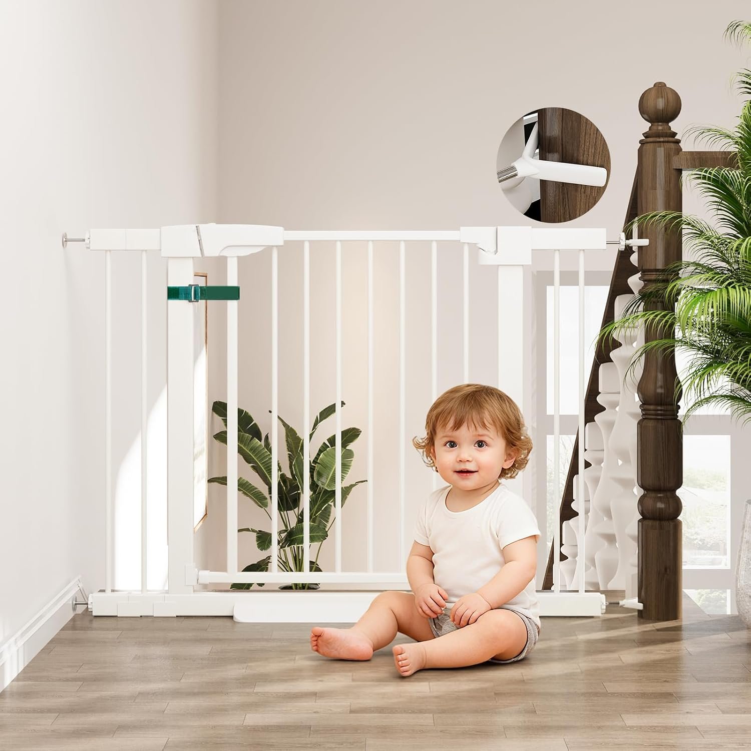29-43″ Baby Gate for Stairs, 30″ Tall Stair Gate Indoor, Baby Gates Pressure Mounted with Auto-Close/Hold-Open and Anti-Trip Pedal, Safety Dog Gate for Stairs Doorways, White
