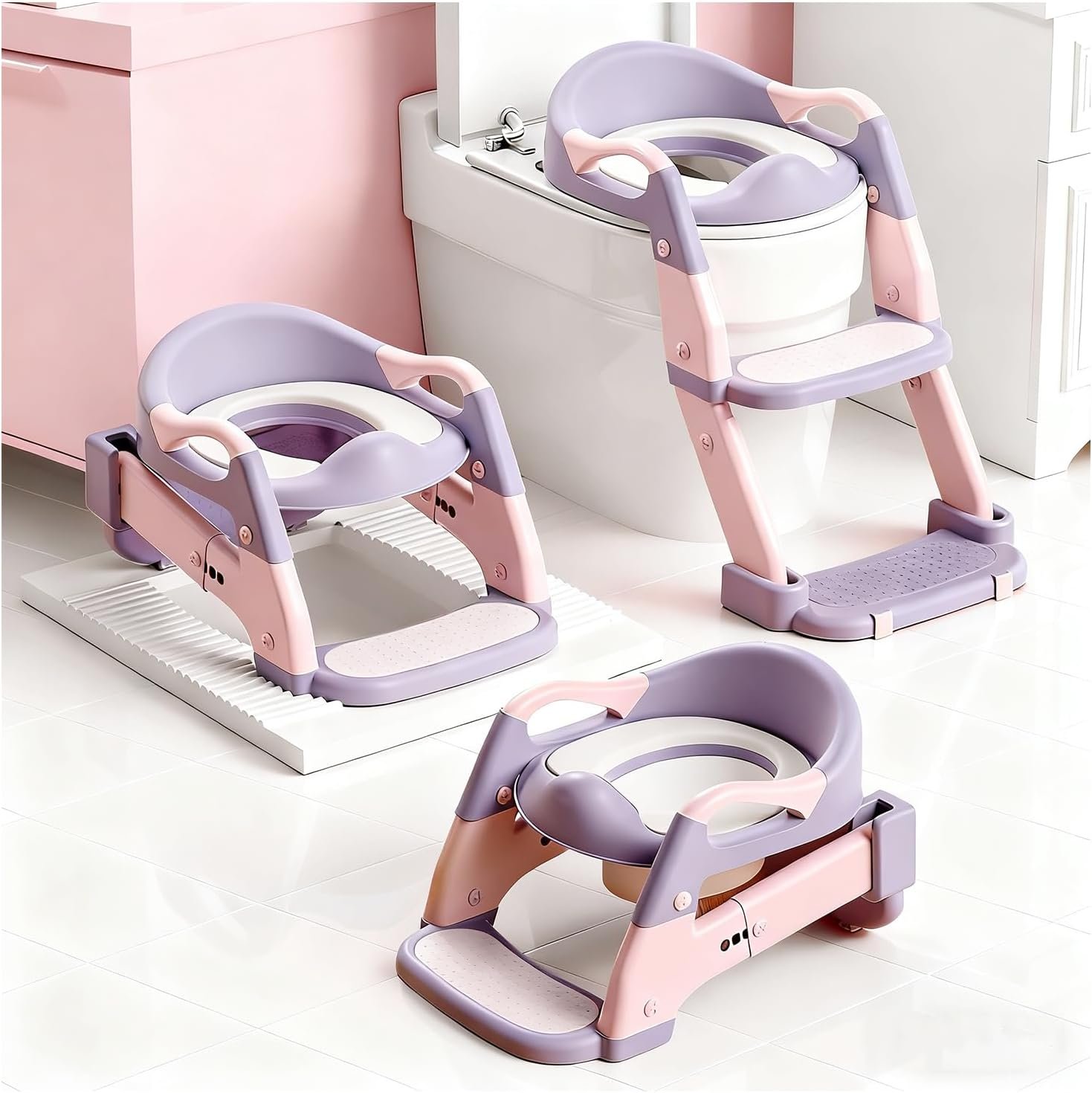 Snugzy Toddler Potty Training Seat 3-in-1 Foldable Potty Training Toilet with Step Stool Adjustable Potty Chair with Urinals (Pink Purple)
