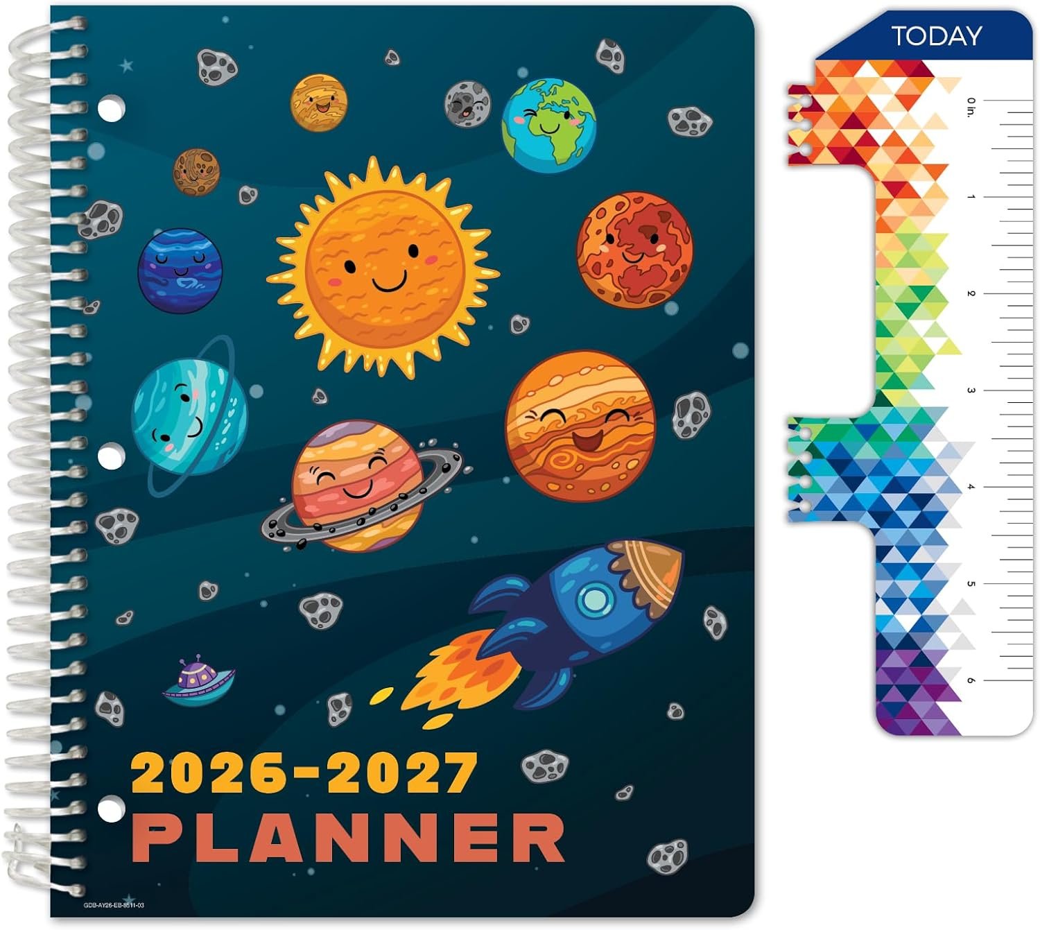 Global Datebooks 2026-2027 Elementary Student Planner 8.5″ x 11″ – Dated Weekly & Monthly Academic Planner with Ruler/Bookmark & Stickers, Ideal for Homework, Block Style, Space Happy Planets