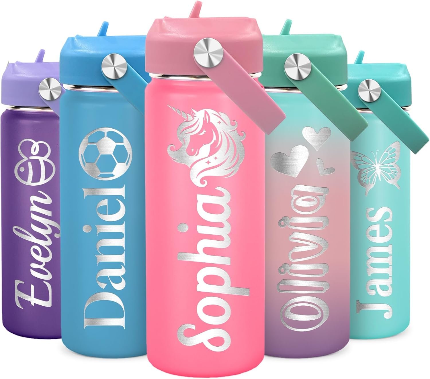 Made in USA – Personalized 18oz Kids Water Bottle for School w/Engraved Name – Custom Thermos Kids Water Bottle with Leak-Proof Lid – Personalized Birthday Gifts for Kids Girls Toddlers – BPA-Free
