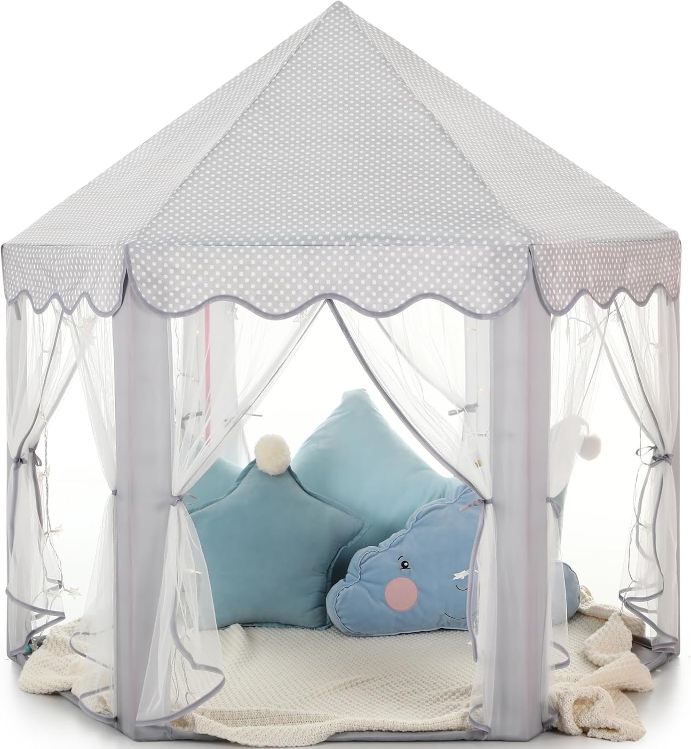 Monobeach Princess Tent Girls Large Playhouse Kids Castle Play Tent with Star Lights Gift Toy for Children Indoor and Outdoor Games, 55” x 53” (DxH) (Grey)
