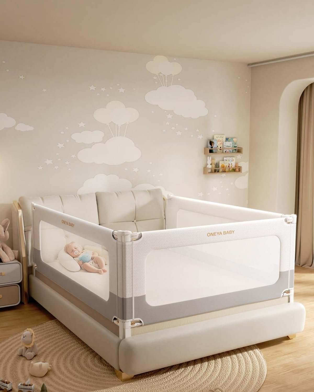3 Piece Bed Rails for Queen Bed, No-Drill Needed Baby Bed Rail Guard for Toddlers with Height Adjustable, Thickened Child Safety Side Railing Guards/Bedrail for Kids, White/Grey, 60×78.7×78.7in