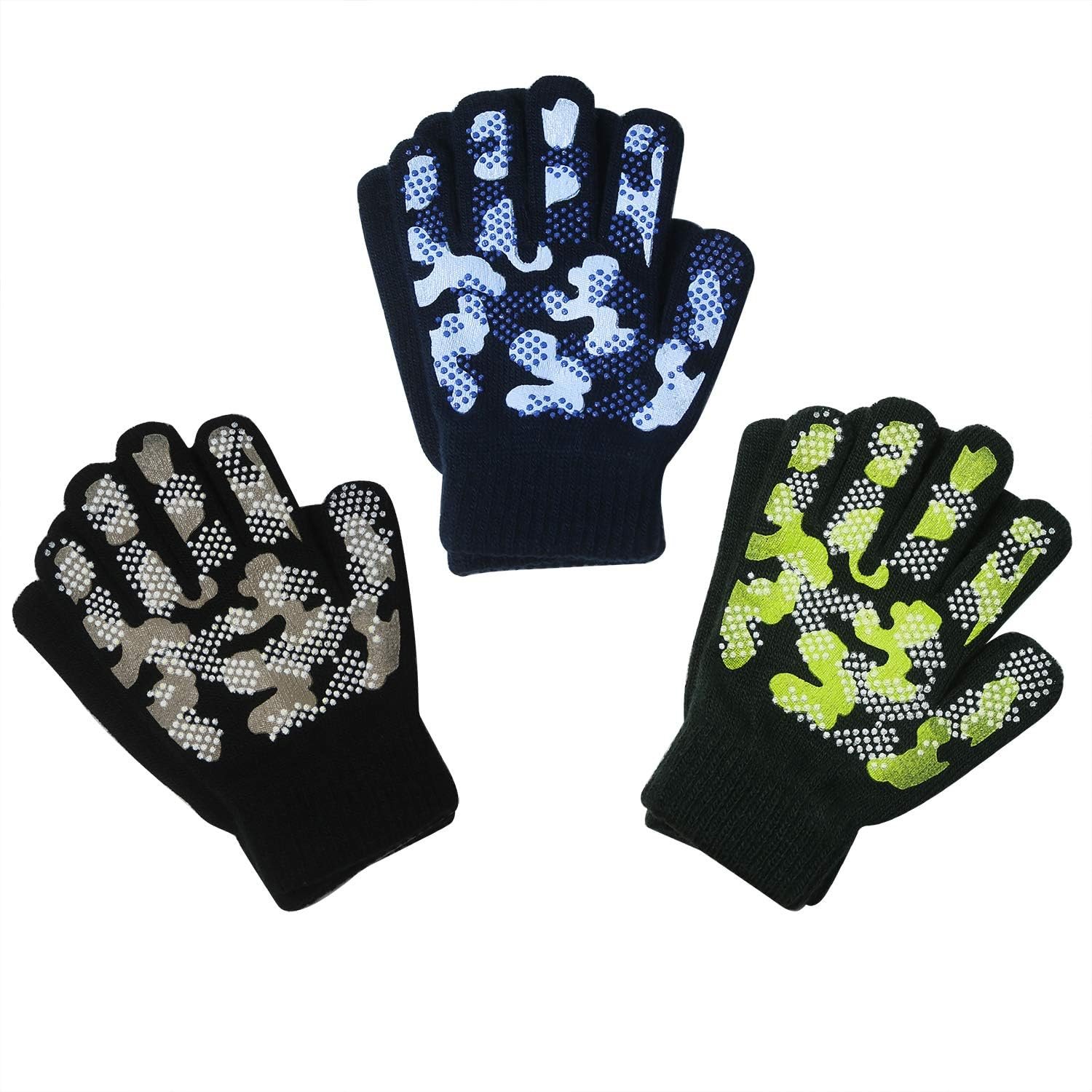 Evridwear Kids Winter Gloves,3 Pairs Knit Warm Stretch Gripper Children Magic Glove for Boys Girls 4-14 Years
