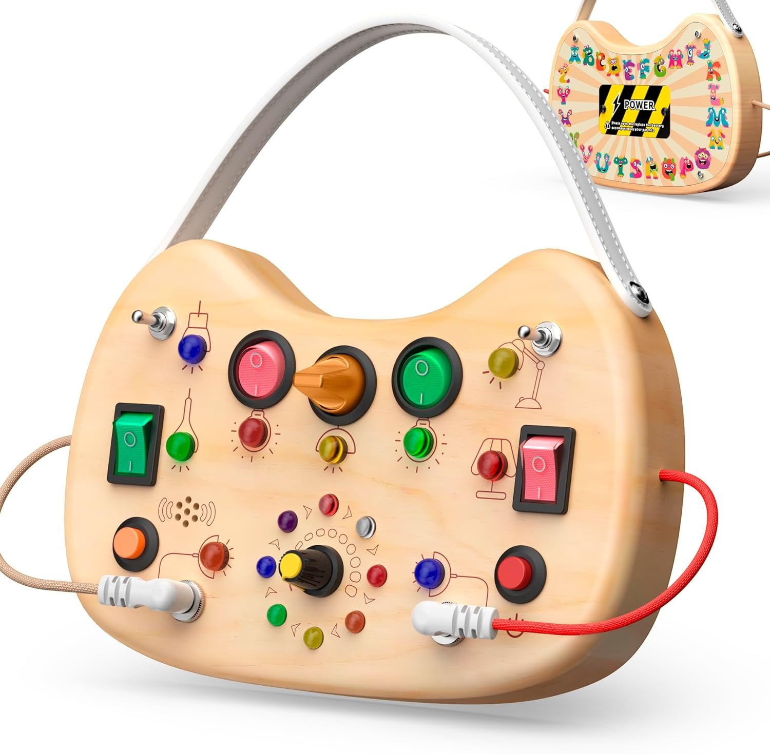 UdoUto Montessori Wooden Busy Board for Toddlers with LED Light Lights & Switches,Portable Activity Board for Car & Airplane Travel Toys, Christmas & Birthday Gift for 1-3 Year Old Boys & Girls