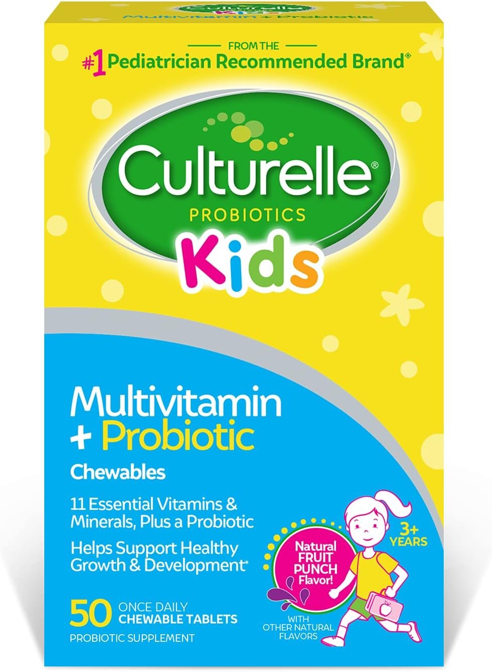 Culturelle Kids Complete Chewable Multivitamin + Probiotic For Kids, Ages 3+, 50 Count, Digestive Health, Oral Health & Immune Support – With 11 Vitamins & Minerals, including Vitamin C, D3 & Zinc