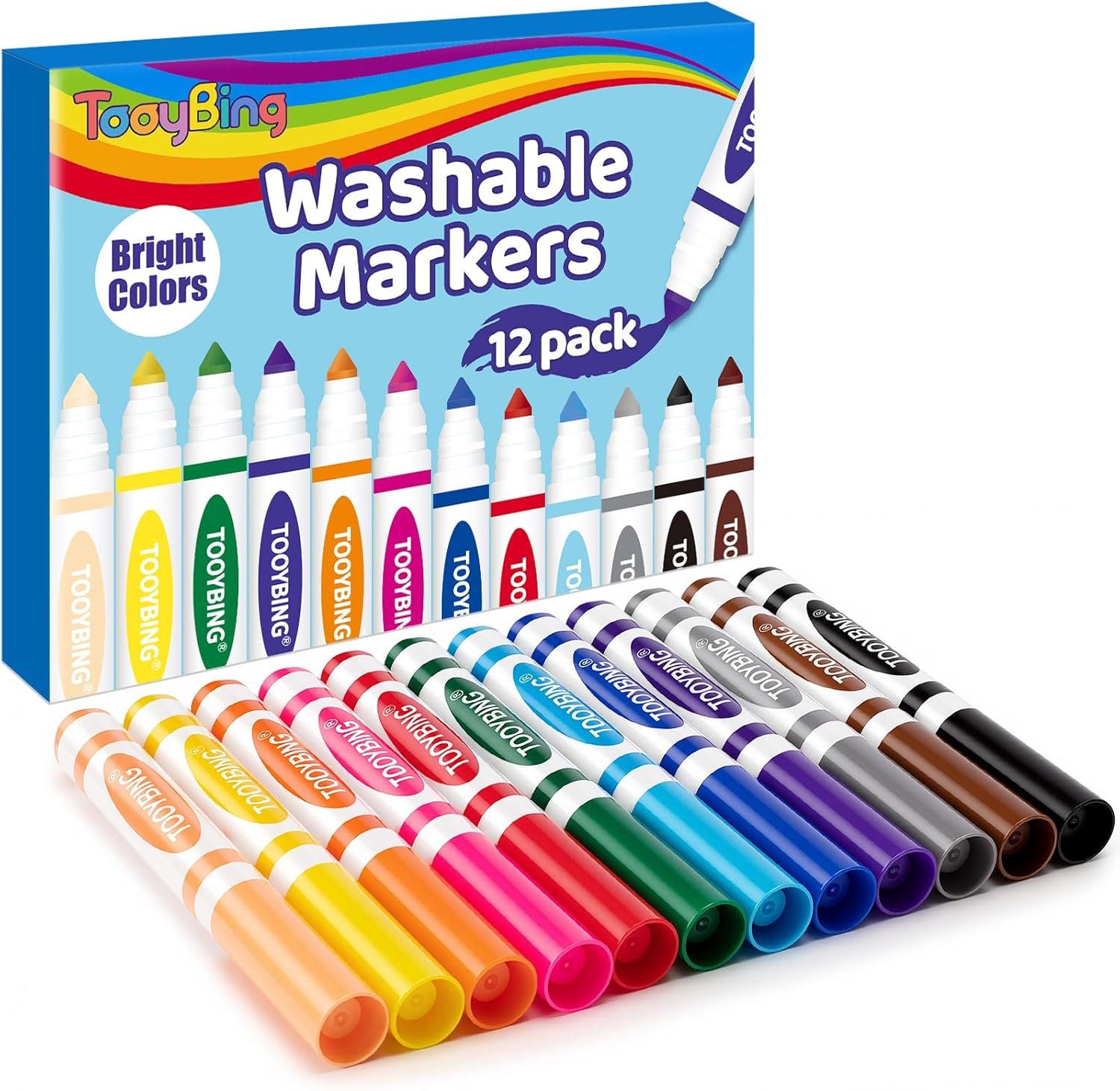 TooyBing 12 Color Washable Markers, Colored Washable Markers for Kids, Broad Tip Durable for Coloring Book, Back to Classroom Art School Supplies for Students Teachers Children