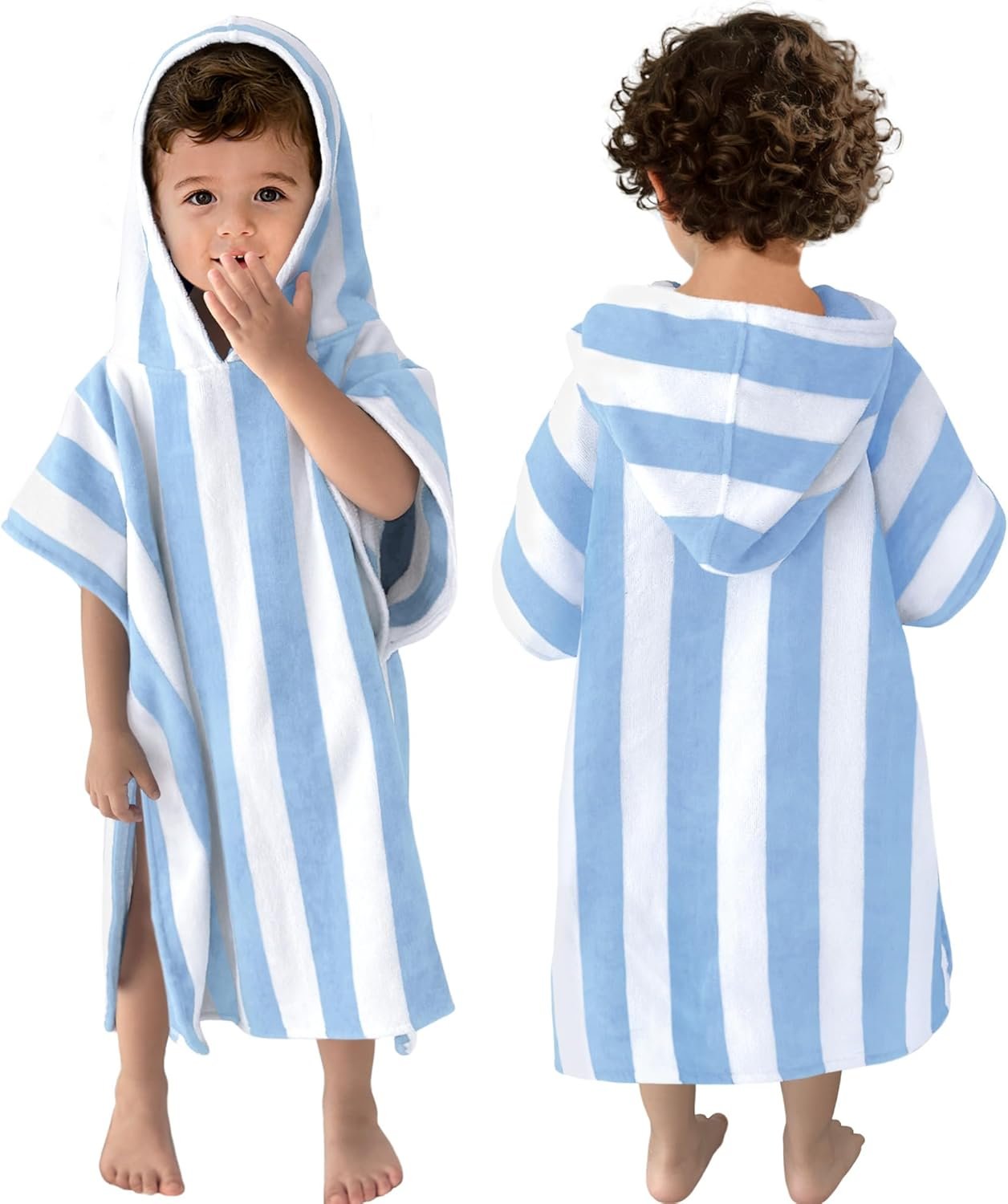 Toddler Poncho Towels with Hood, Oversized (2-4Years,21″X21″) Made from 100% Soft Cotton,Absorbent Hooded Towels for Baby Boys,Perfect for Pool | Swimming | Bath | Beach,Light Blue Stripe