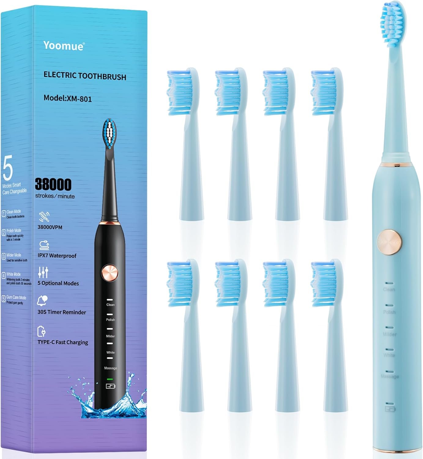 Sonic Electric Toothbrush for Adults & Kids – 5 High-Performance Modes, 8 Replacement Heads, 2.5-Hour Fast Charge, Built-in Smart 2-Minute Timer, IPX7 Waterproof, 35Day Battery Life Light Blue