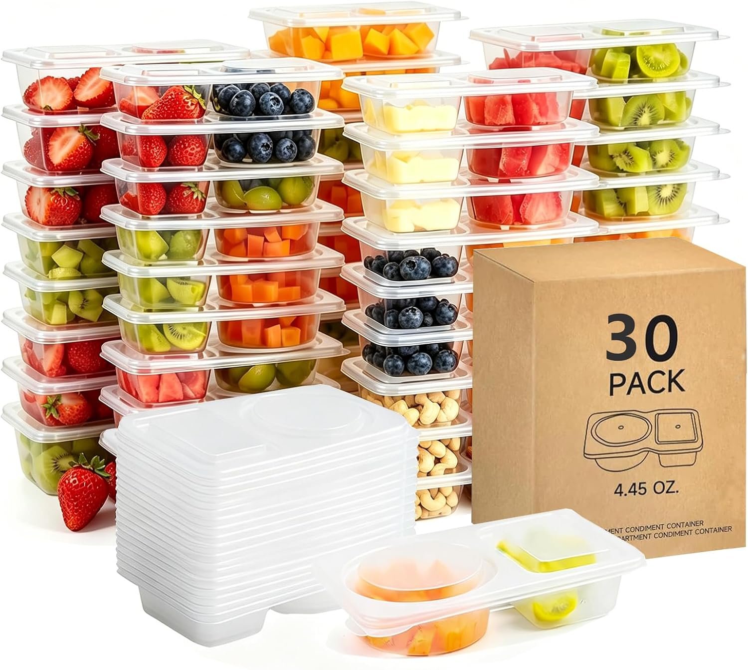 30pcs Reusable Snack Containers with Lids,2025 New 2 Compartment Plastic Containers for Pack Snacks,Leakproof Double Compartment Condiment Pack for Meal Prep, Portion Control,On-the-Go School Travel