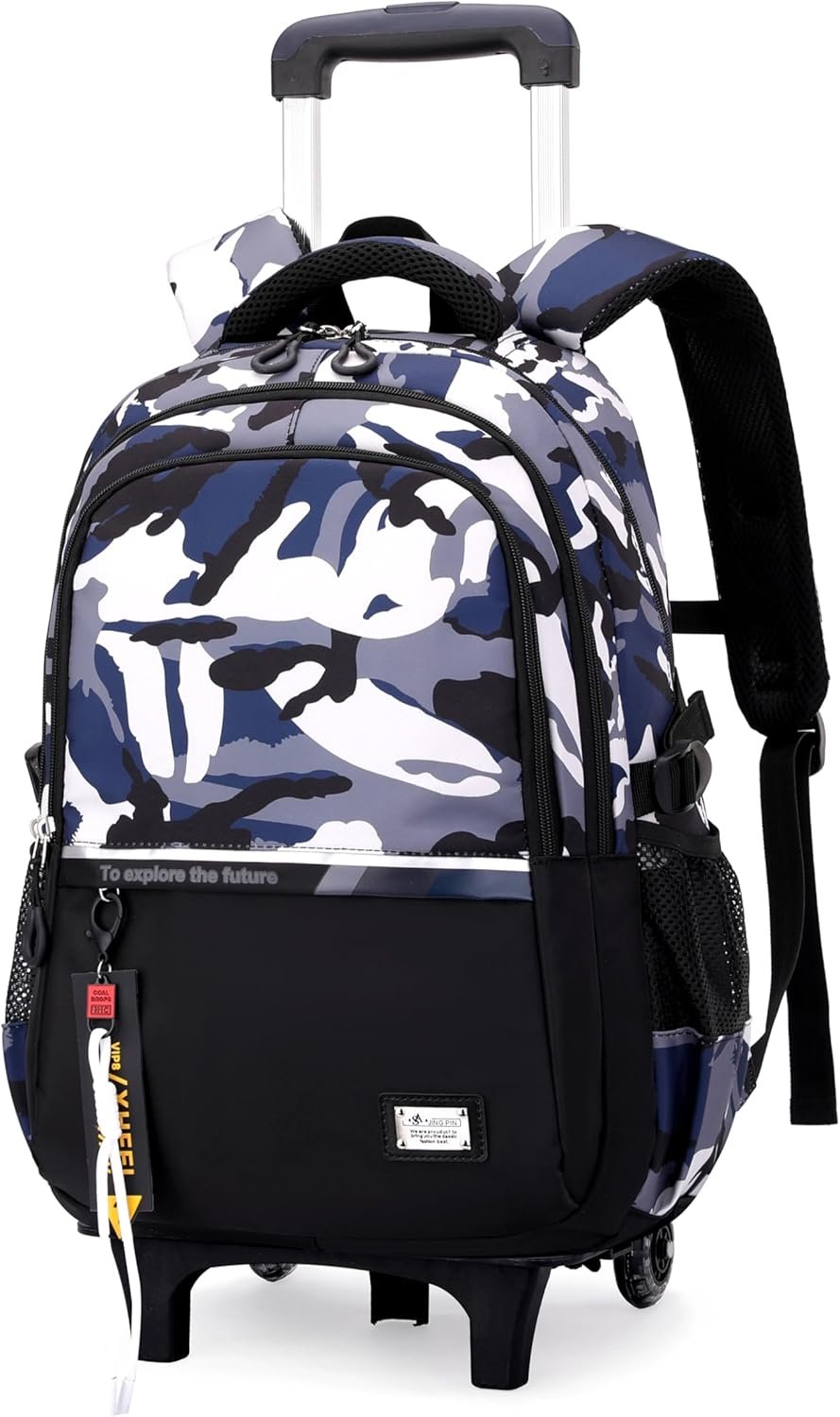 MITOWERMI Kids Boys Rolling Backpack, School Backpack with Wheels for Boys Teen, Rolling School Bag Roller Bookbag Carry-on Travel Bag, Camouflage Blue 2 Wheels