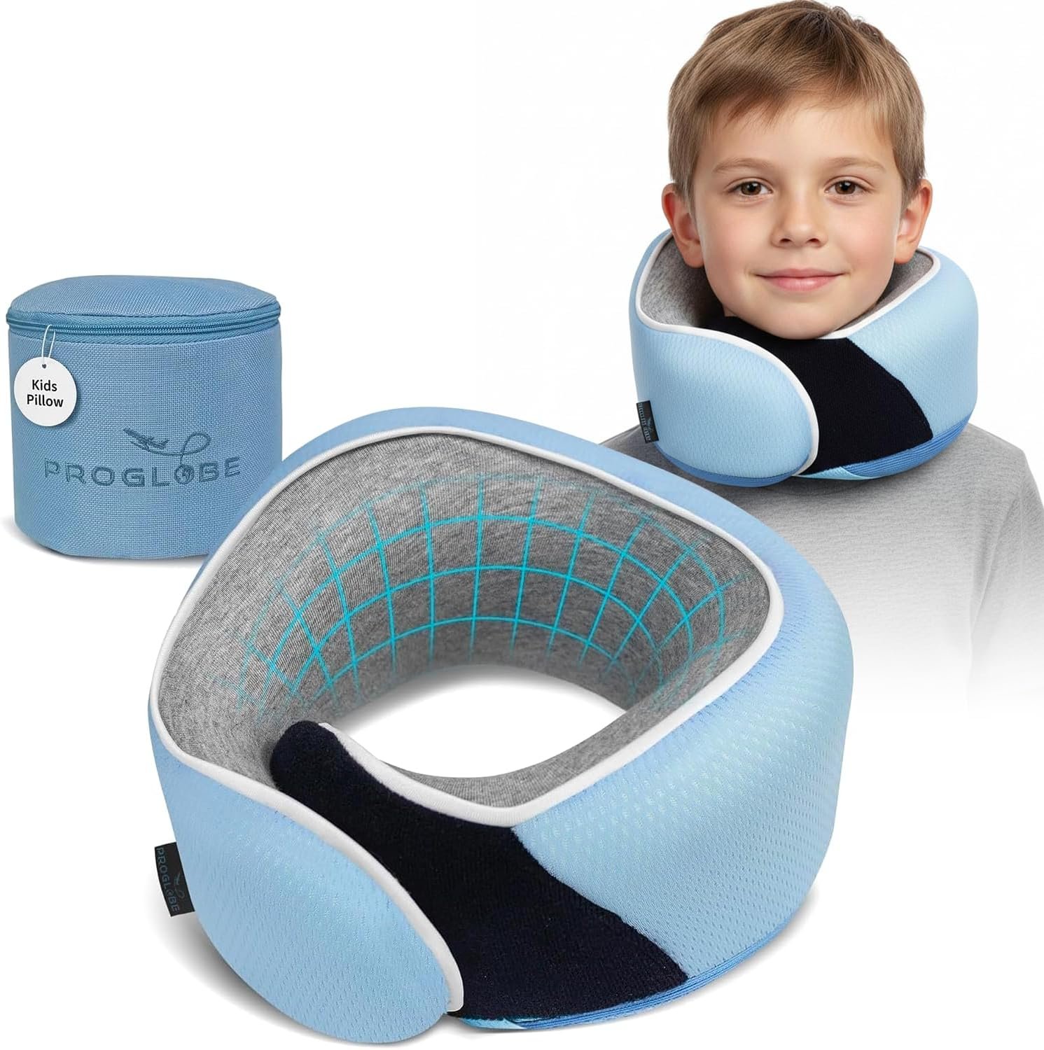 Proglobe Junior Kids Travel Neck Pillow – Ergonomic Memory Foam Pillow for Airplane, Car, Booster Seat – Soft, Washable, Compact Travel Pillow with Strap – Light Blue – Ages 4 Years and Up