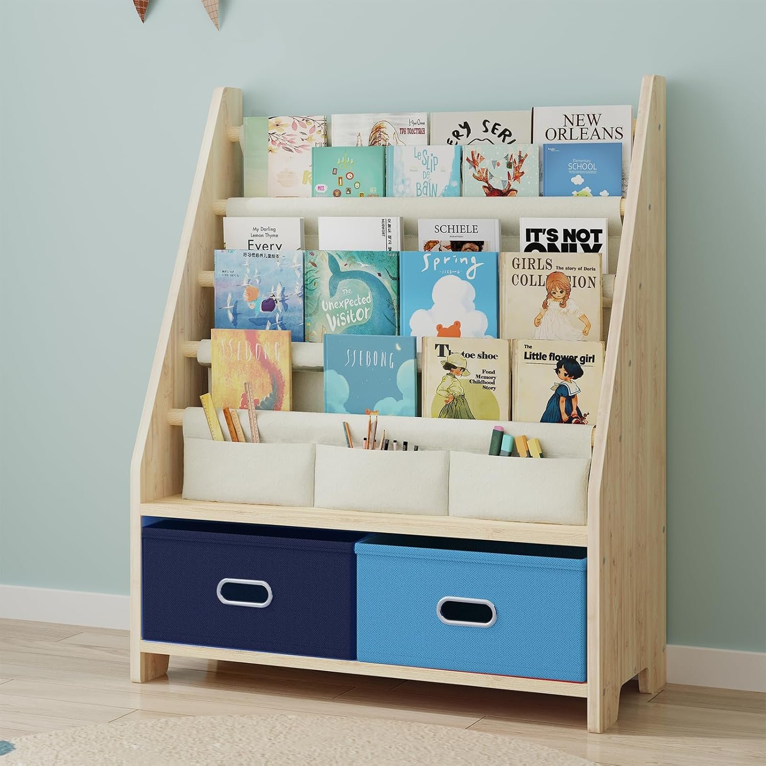 EXPERLAM 4 Tier Kids Book Shelf, Wooden Kids Book Rack Storage Bookshelf with Toy Storage Organizer, Toddler Sling Bookshelf for Boys, Girls, Kids Room, Blue