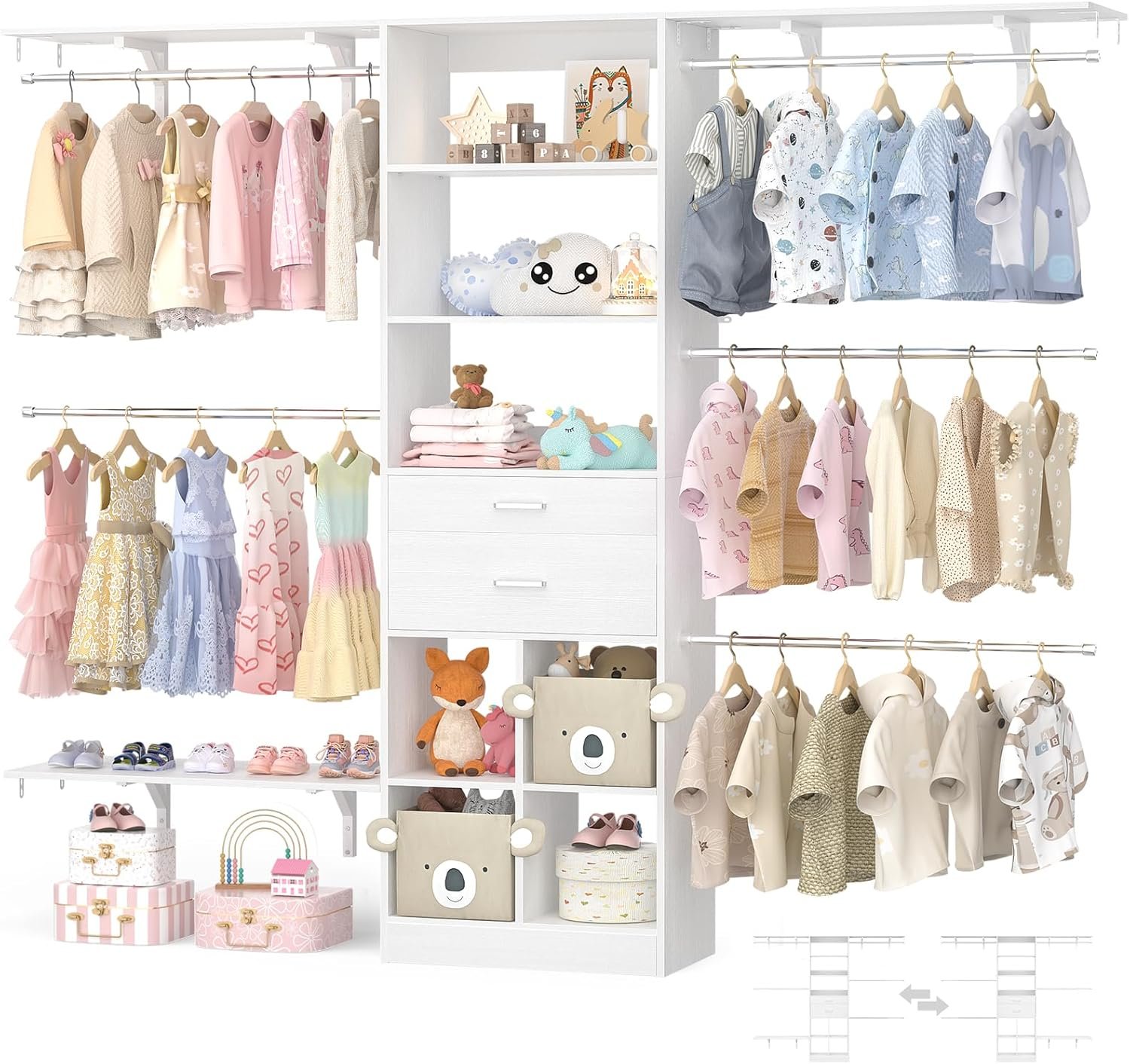 Besiost Closet System – 5-8FT Closet Organizer System with Wooden Drawers & Cube Storage Organizer, Up To 96″ Closet Systems for Nursery & Walk-In Closets with Cuttable Hanging Shelving, White