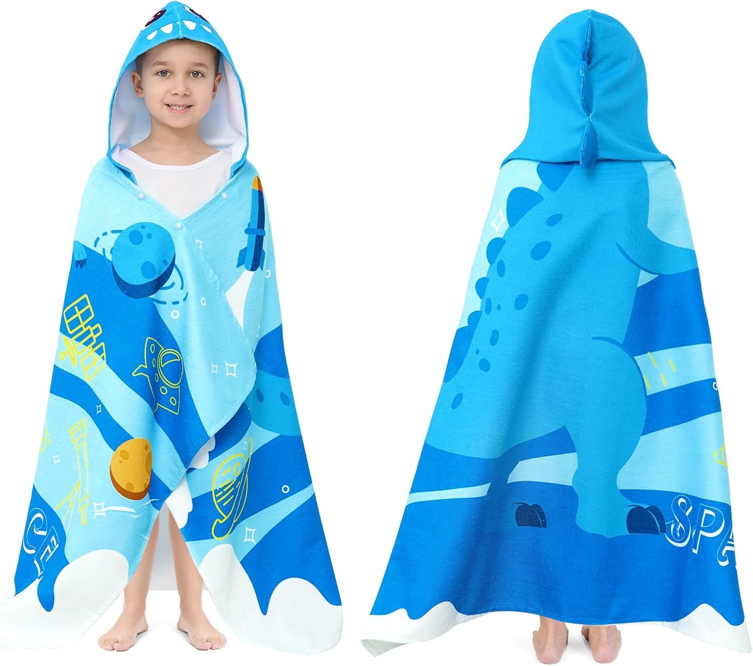 UOMNY Kids Beach Towels-Hooded Towels for Kids,Kids Hooded Bath Towel 30″ x 50″ for 3-10 Years,Pool Ponchos for Kids with Hood,Boys Beach Towel,Blue Dinosaur