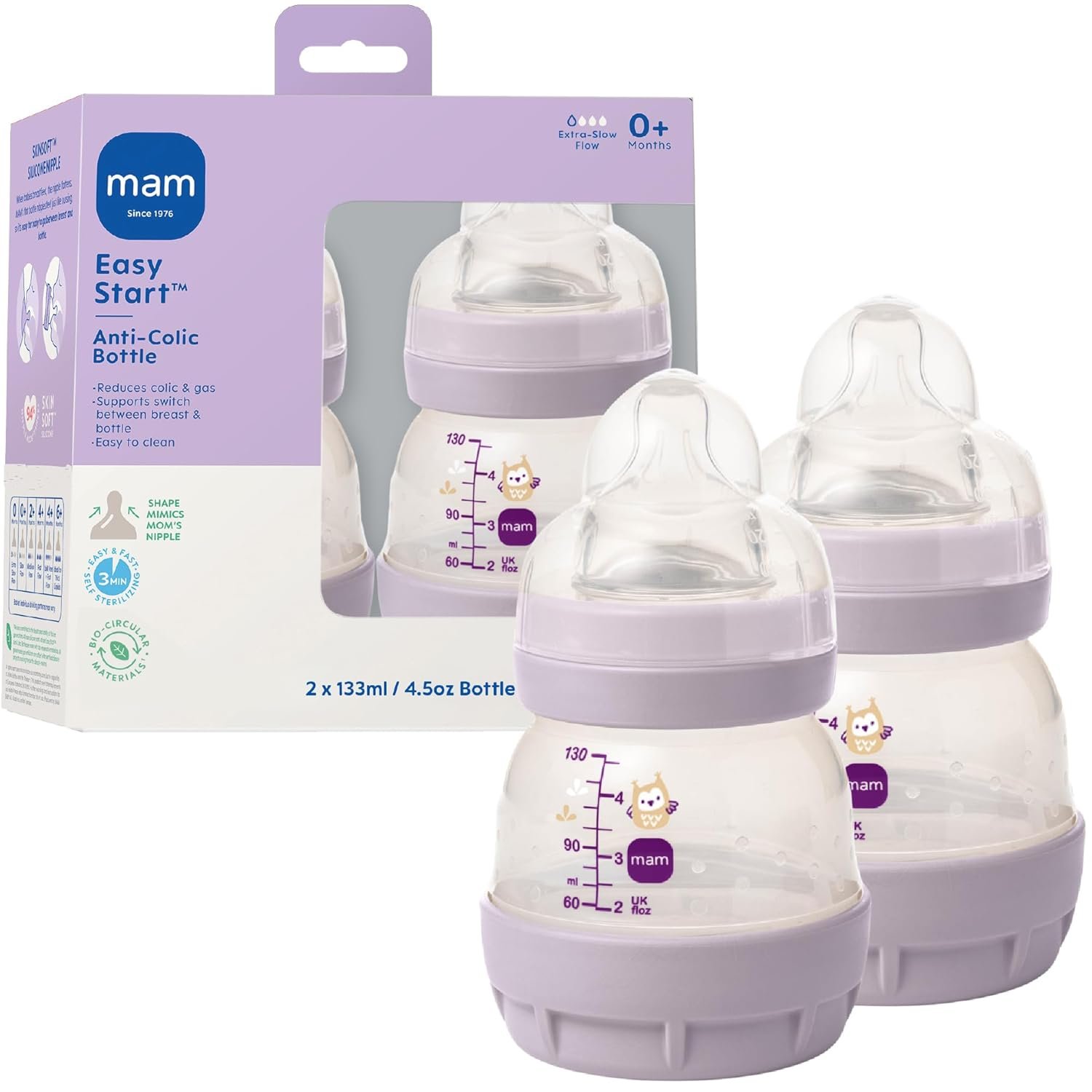 MAM 4.5oz Easy Start Anti-Colic+ Wide Neck Vented Baby Bottle, Extra Slow Flow Breastfeeding-Like Silicone Nipple, Reduces Colic, Gas & Reflux, Easy To Clean, BPA Free, 0+ Months, Made In Europe, Girl