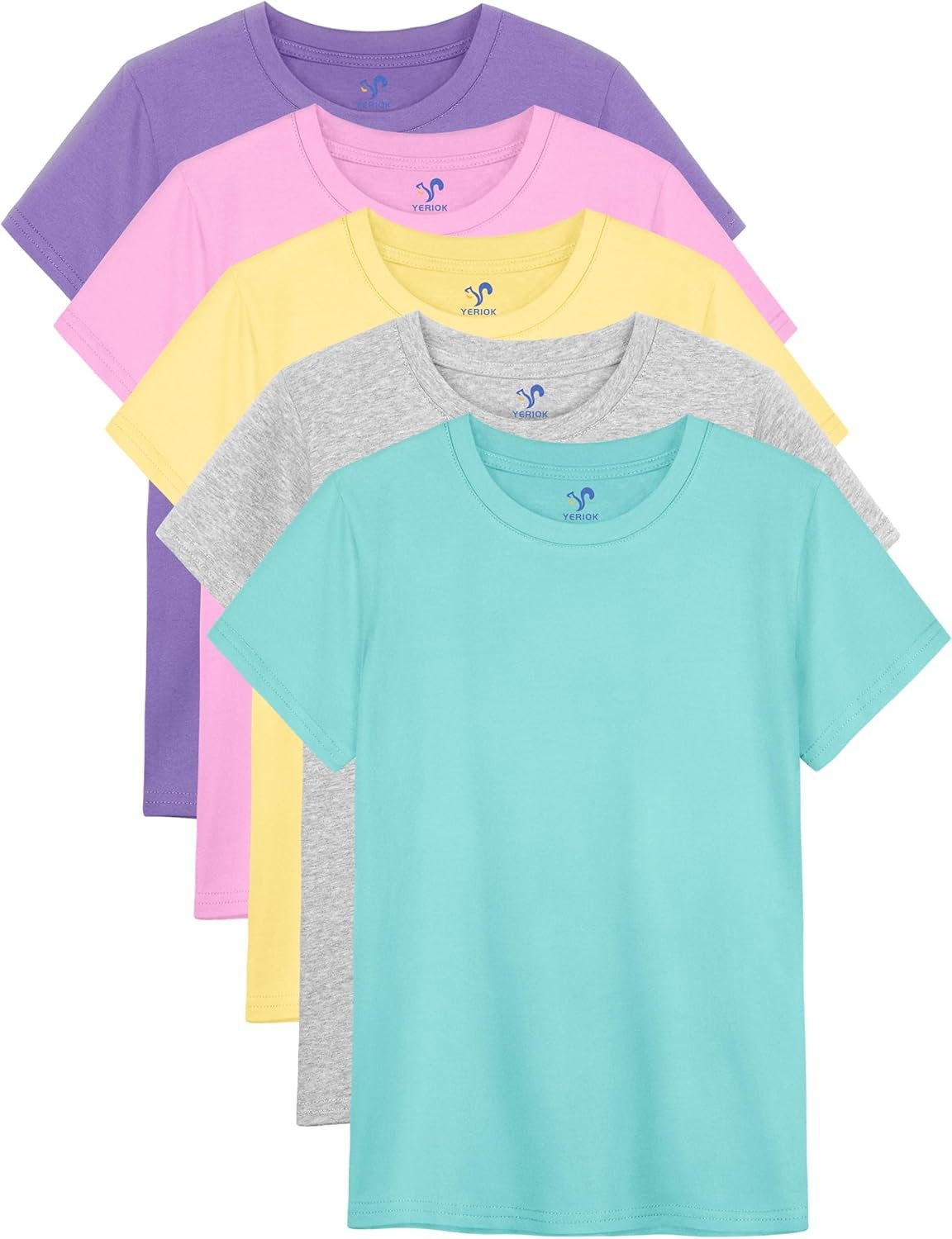 YERIOK 5 Pack Girls Shirts Short Sleeve Shirt for Girls Soft Cotton Tees Kids Tshirts Clothes Summer Tops T-Shirt