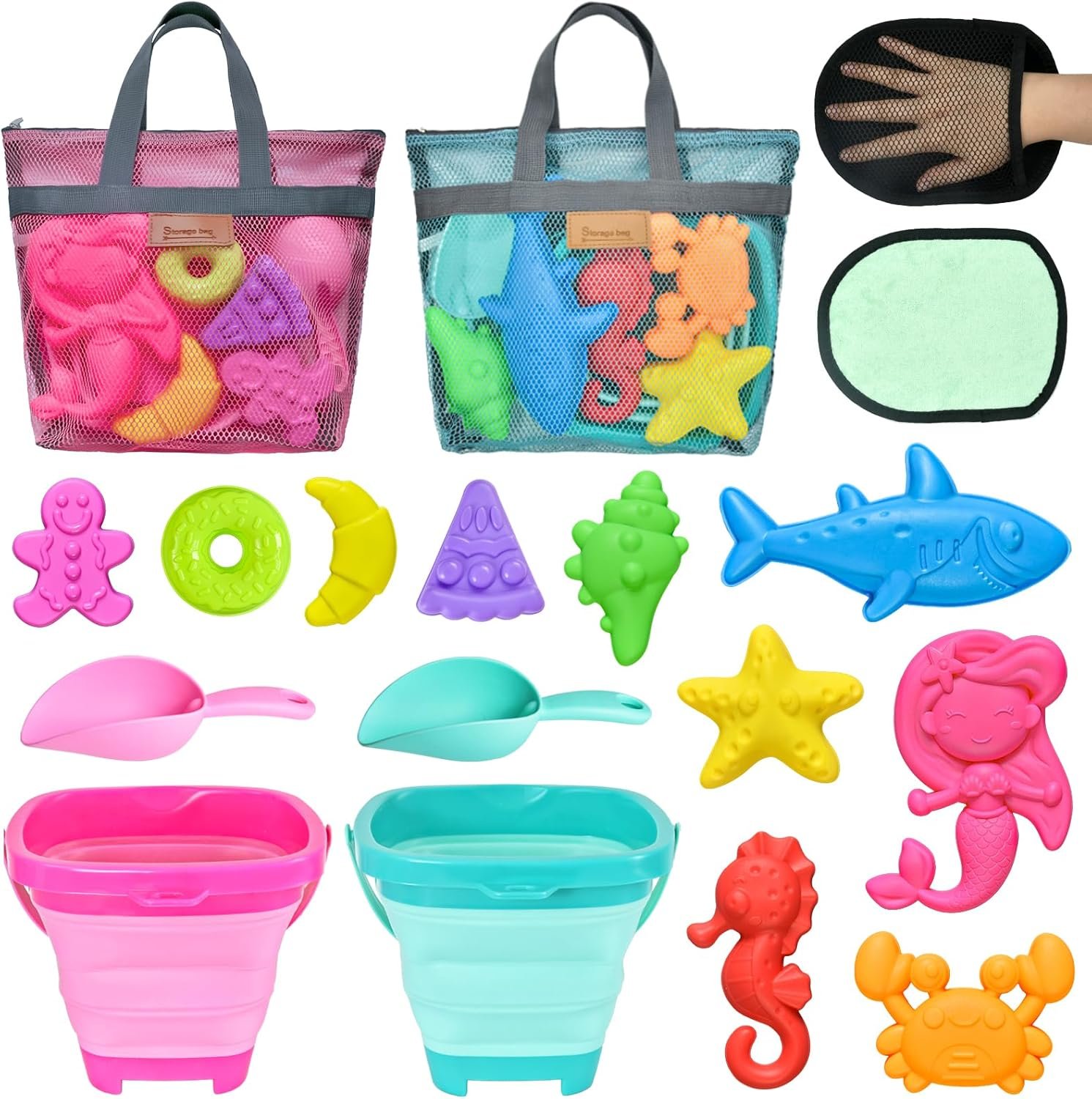 Collapsible Beach Sand Toys for Kids – Travel Beach Toys with 2 Collapsible Beach Buckets, Mesh Bags, Animal Sand Molds, Sand Bucket Shovel Set Sandbox Toy for Toddlers Kids