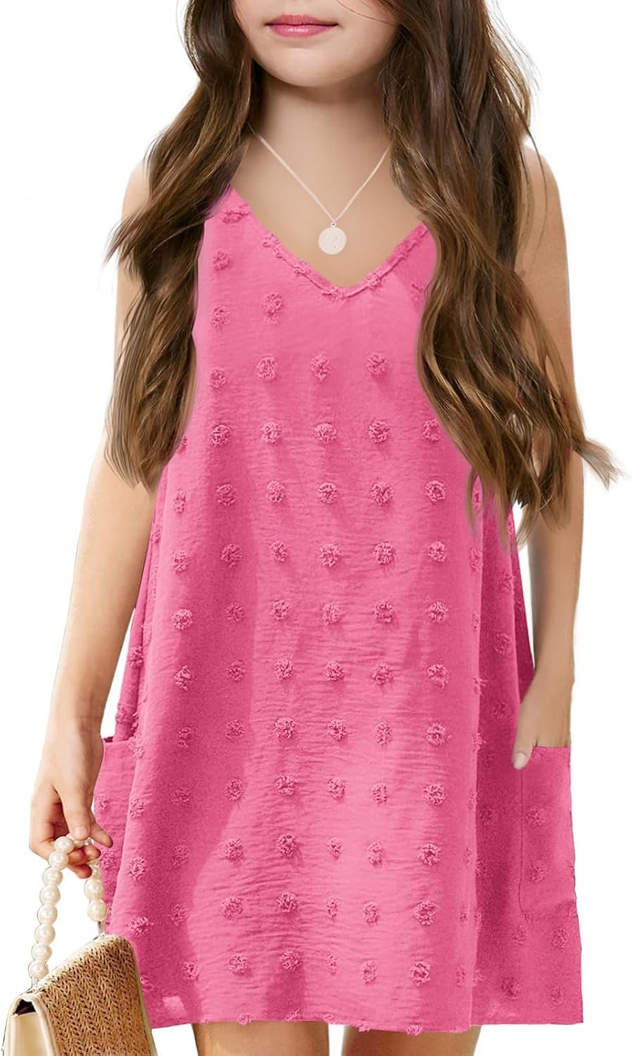 Batermoon Girls Swim Cover Up Swiss Polka Dot Summer Beach Dress V Neck Boho Cute Dresses with Pockets 4-14 Years