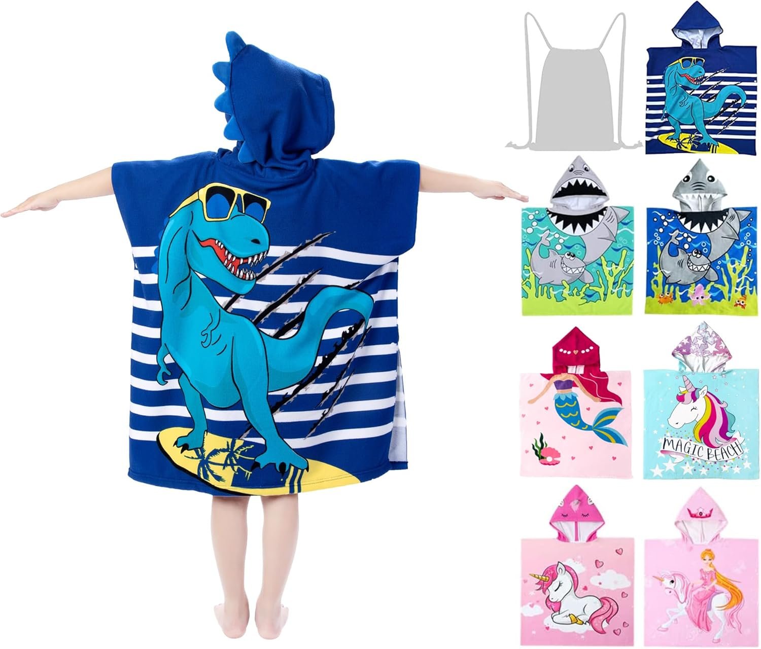 growell Hooded Kids Beach Towels – Toddler Bath Towel Girls Boys Swim Cover-ups for Ages 4 to 10 Kids Pool Towels Quick Dry Lightweight Soft Microfiber Poncho 30×30 with Bag (Navy Dinosaur)