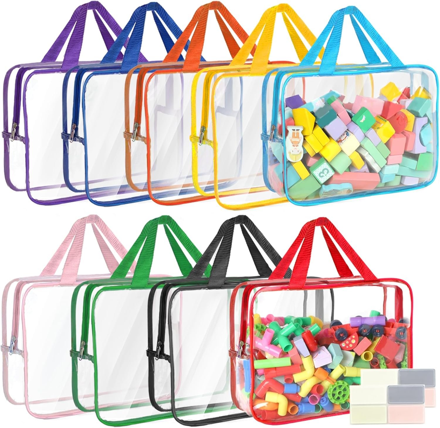 9 Packs Toy Storage Bags with Labels, 11.8×8.7×3.9In Large PVC Reusable Clear Board Game Storage with Zipper, Travel Waterproof Organizer Bags for Building Blocks, Puzzle, Books, Stationery